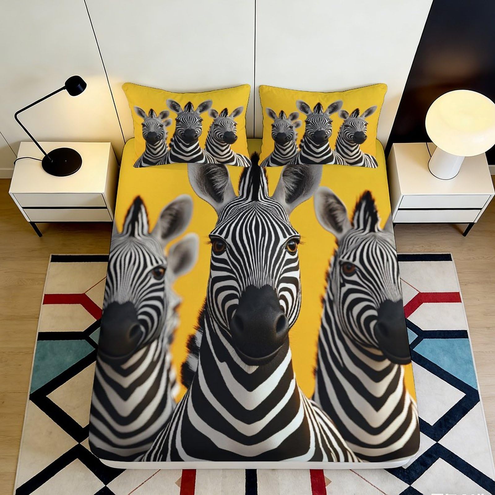 Modern yellow zebra motif 3D Printed Fitted Sheet, soft touch Microfiber, wrinkle resistant, apartment bedding, bedroom décor, easy care, bed cover 180x200x25cm