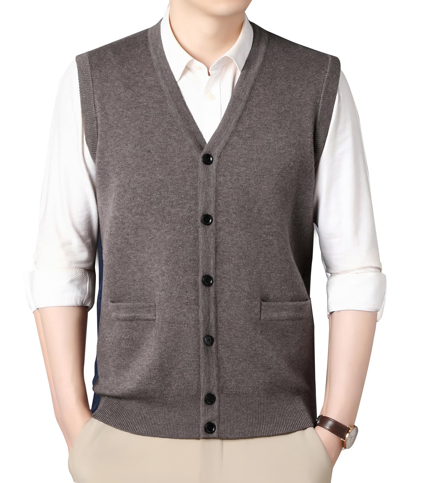 rakityo Knit Vest, Men's Cardigan Vest, Front Opening, V-Neck, Plain, Knit Top, Button Included, Work, Business, Spring, Autumn, Winter-picture-39
