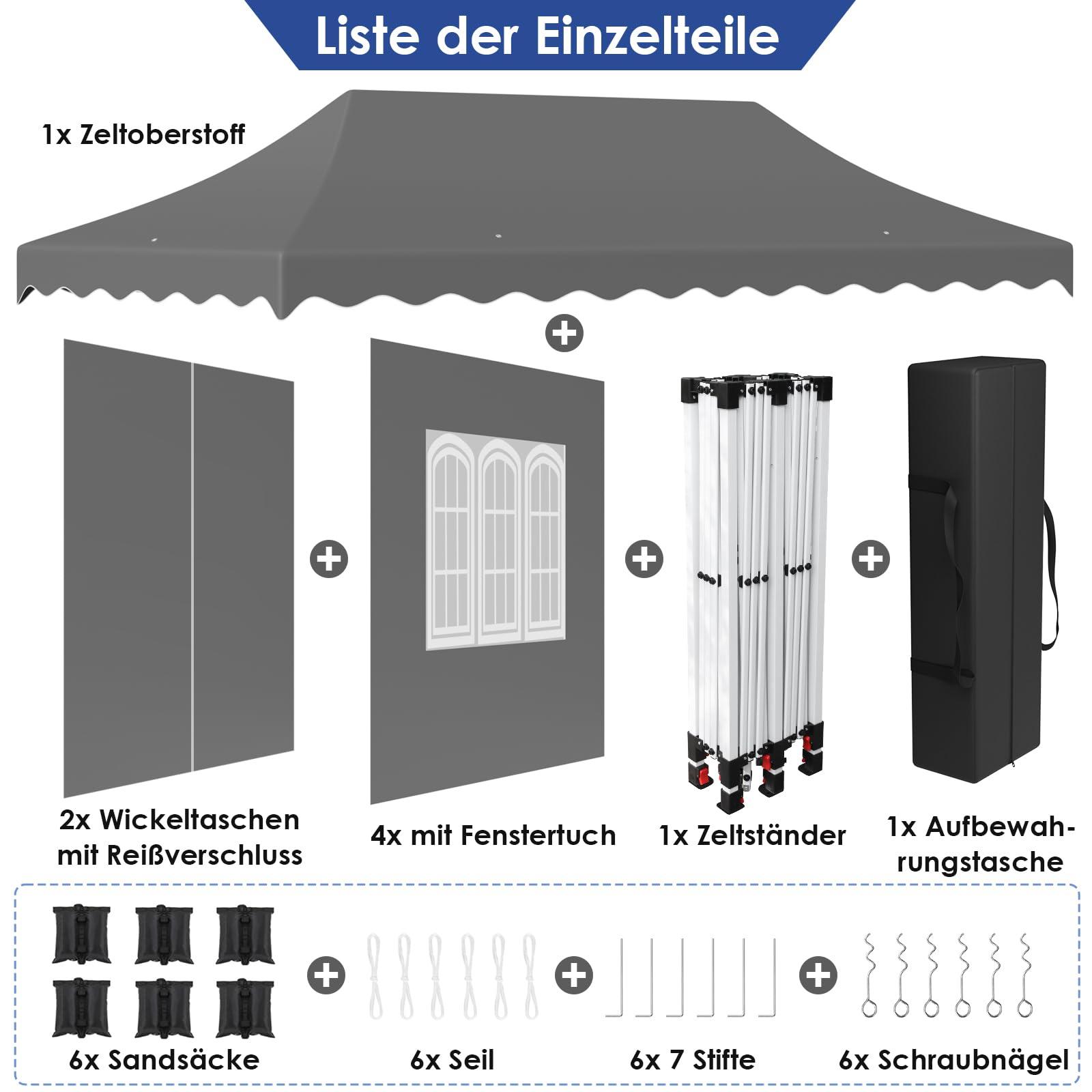 Faltpavillon 3x6 Pavillon Wasserdicht Stabil, Faltbar Gartenzelt 3x6 mit 6 Seitenwänden, Anti-UV 50+ Partyzelt Con 12 Erdhaken 6 Seile 6 PCS Sandsack,Gartenpavillon für Markt,Hochzeiten, Grau