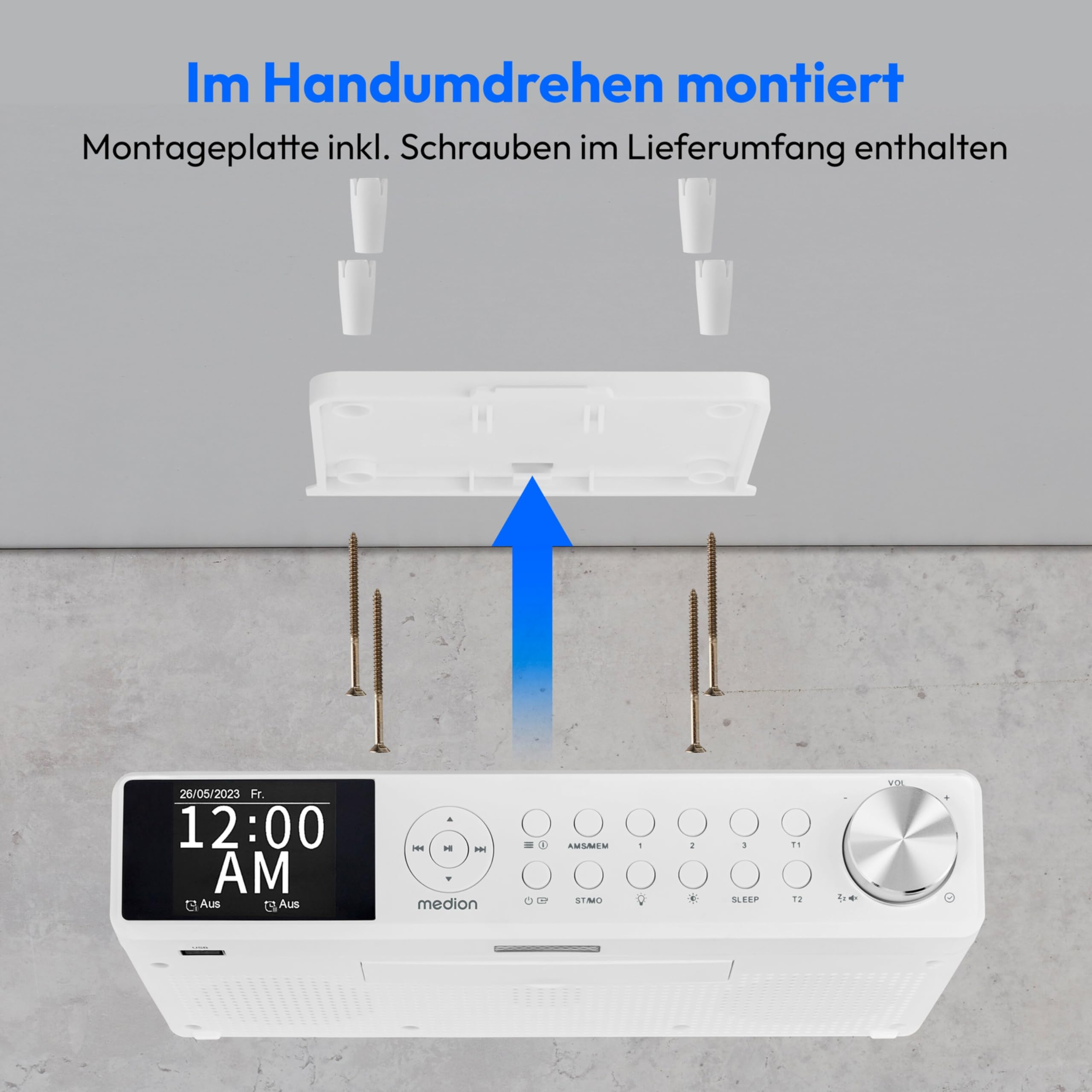 MEDION P66750 Küchen Unterbauradio (DAB+ Küchenradio, PLL UKW Radio, dimmbares TFT Farbdisplay, Koch Timer, Bluetooth, LED Leiste, inkl. Montagematerial) weiß