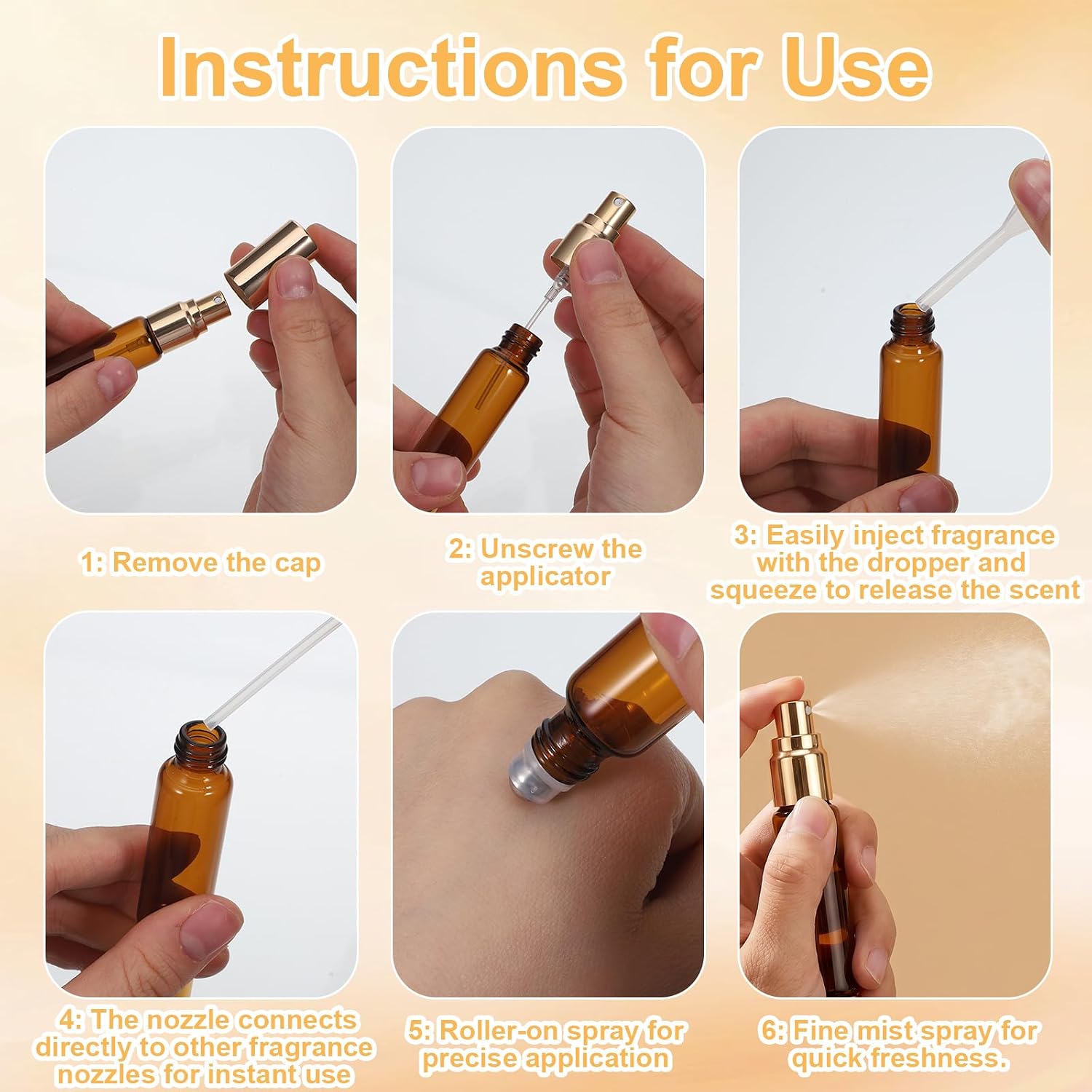4pcs Refillable Perfume Bottle, 10ml Dual-Head Travel Perfume Bottle with Roller Ball & Spray, Leakproof Portable Roller Ball Applicator with Funnel Tool for Essential Oils