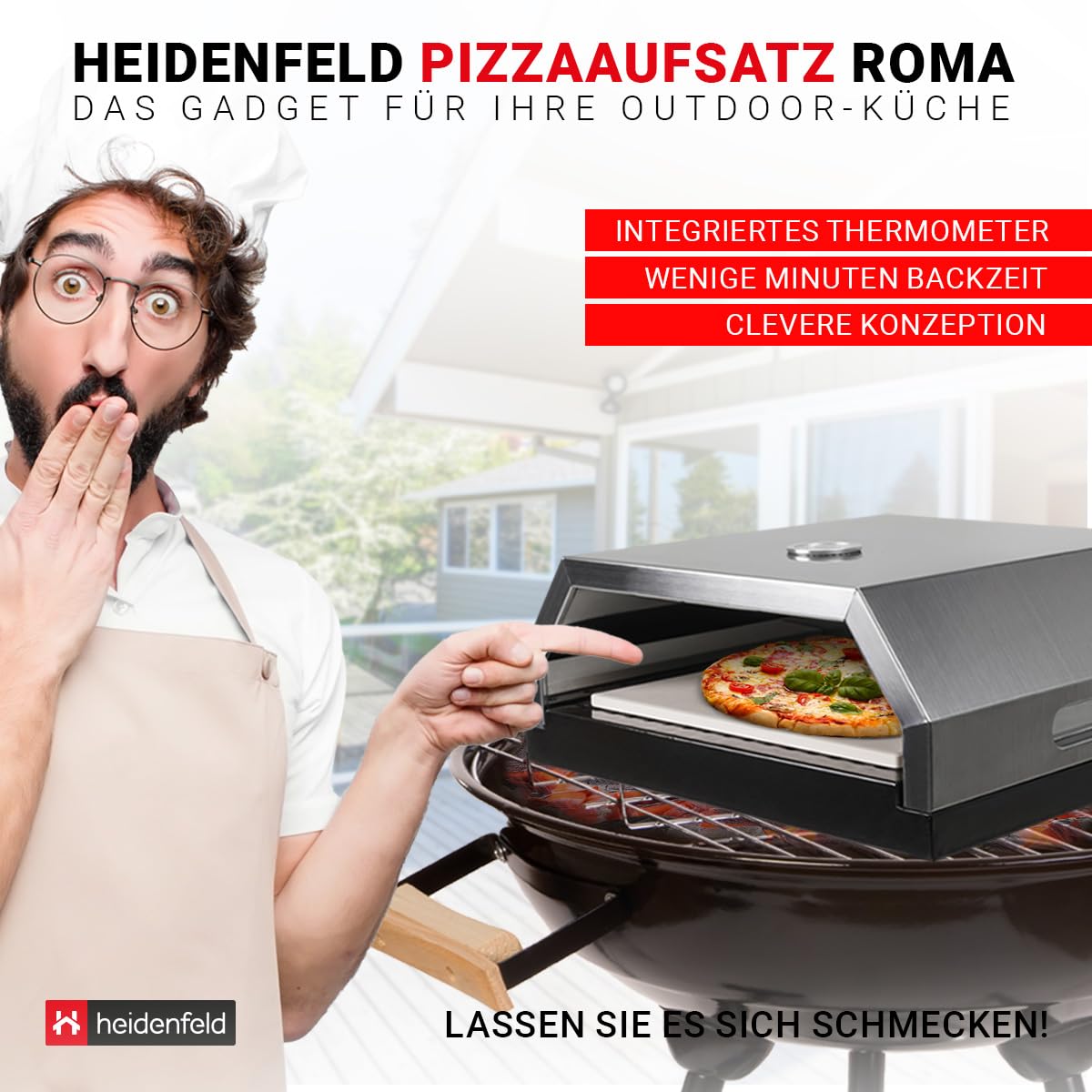 Heidenfeld Pizzaaufsatz Roma | Grillaufsatz - Pizzamaker - Edelstahl - 315°C - Thermometer inklusive - Pizzabox - integrierter Pizzastein - für Holzkohlegrill und Gasgrill - Pizza Maker