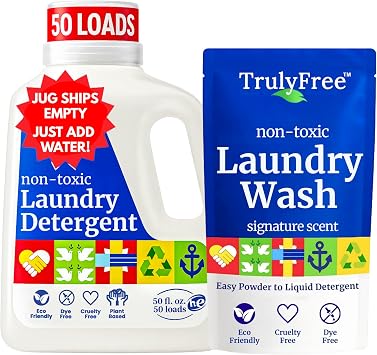 Truly Free Natural Laundry Detergent for Sensitive Skin | Eco Friendly, Plant Based, Baby Clothes Safe | Clean & Easy Powder to Liquid, 1 Empty Reusable Jug + 1 Fill Pack | Signature Scent, 50 Loads