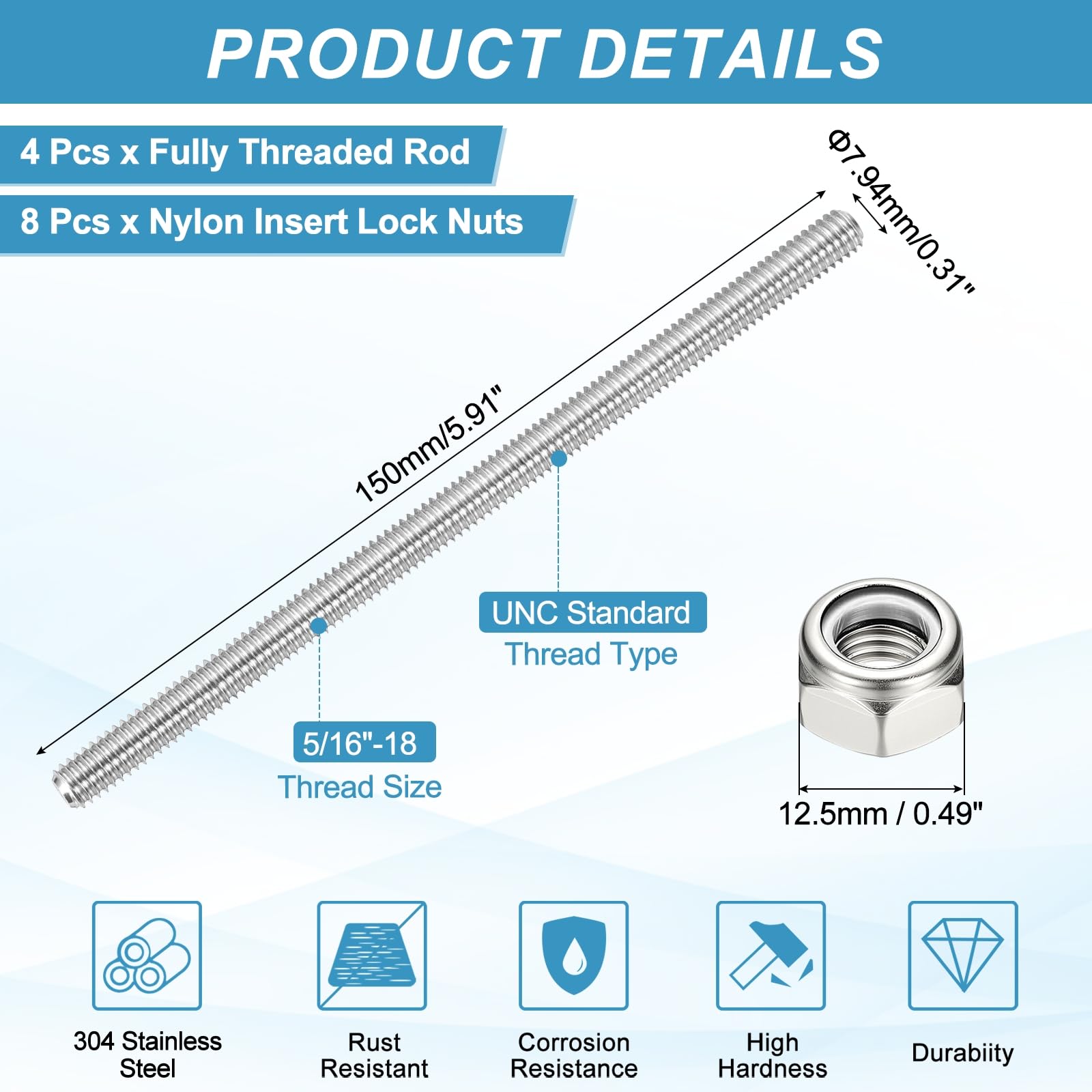 PATIKIL 4Pcs 5/16"-18x150mm Threaded Rods with Hex Nuts - Image 2