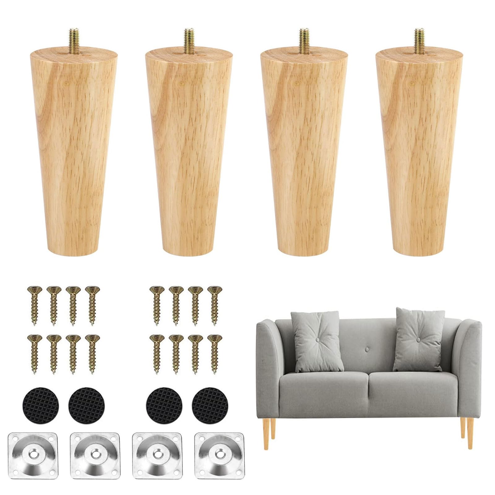 4 Stuks Houten Tafelpoten, 6cm Meubelpoten van Hout, Ronde Houten Poten voor Meubels, Hout Kastpoten met Stille Rubberen Pads, Montageplaten en Schroeven, Tafelvoet van Eiken voor Bank, Kast, Bed