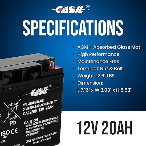 Miniatura 6 de Casil 12V 20AH Batería Sellada Plomo Ácido AGM Recargable Ciclo Profundo Ciclo Tuerca y Perno CA12200