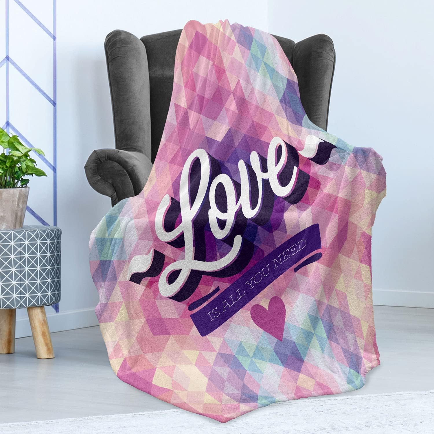 Lunarable Vintage Throw Blanket, Love Theme Romantic Valentine's Day Retro Art Ribbon and Mosaic Pattern, Flannel Fleece Accent Piece Soft Couch Cover for Adults, 50" x 60", Pink and Purple