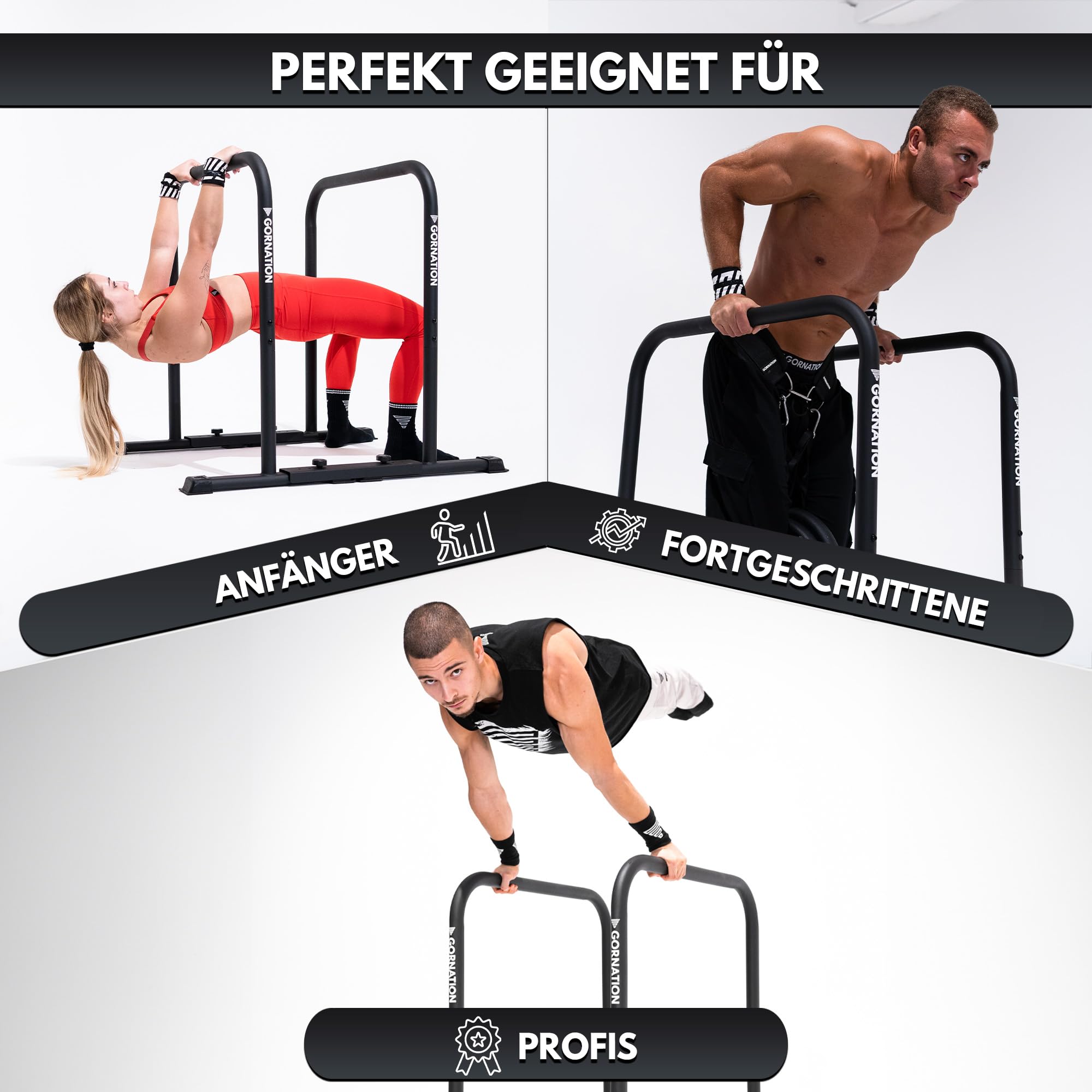 GORNATION Premium Dip Barren, Dip Stange, Verstellbares Calisthenics & Fitness Trainingsgerät mit rutschfesten Füßen, Dip Station für Home und Outdoor Workout Bars