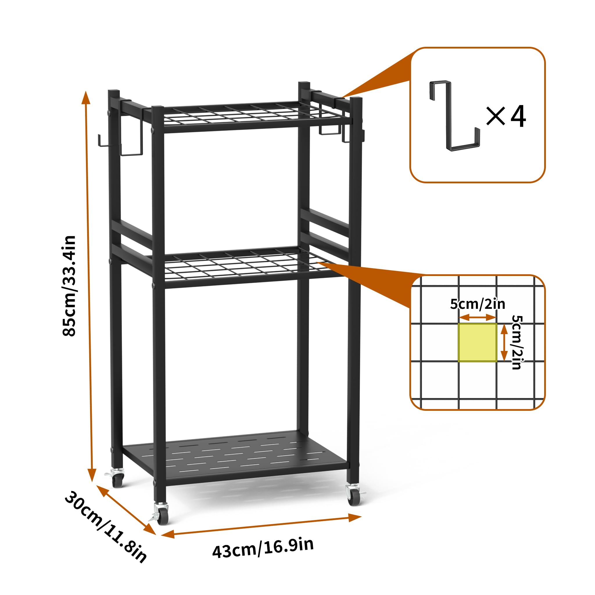 Anvuda Organizer per Attrezzi da Giardino,Porta Attrezzi da Giardino,Supporto Metallo con 3 Livelli e Ruote, Conservazioneper fino a 35 Attrezzi/Scope/Rastrelli a ManicoLungo,42x30x80cm