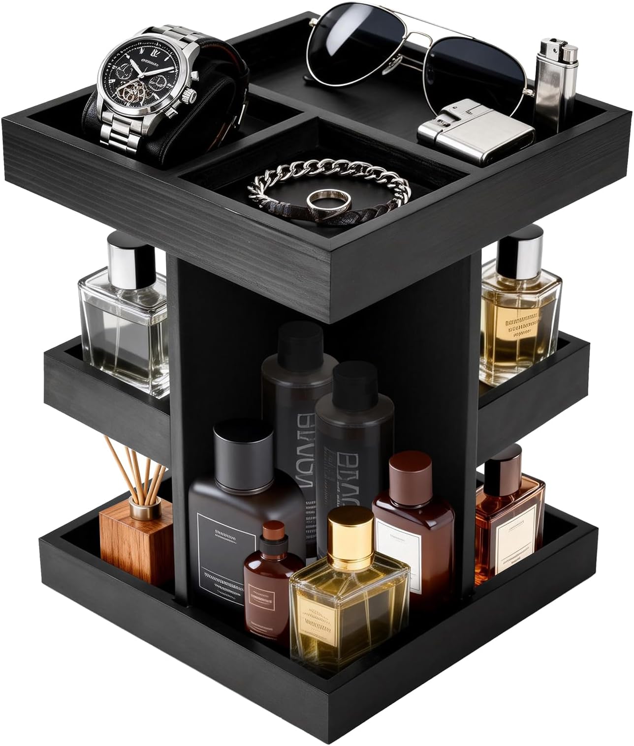 Cologne Organizer for Men, 3-Tier Rotating Perfume Stand - Large Capacity Wooden Display Shelf & Storage for Fragrance, Watch, Sunglasses - Modern Desk, Dresser Top, Bathroom Organizer - Birthday Anniversary Ideal Gift for Husband, Boyfriend, Father