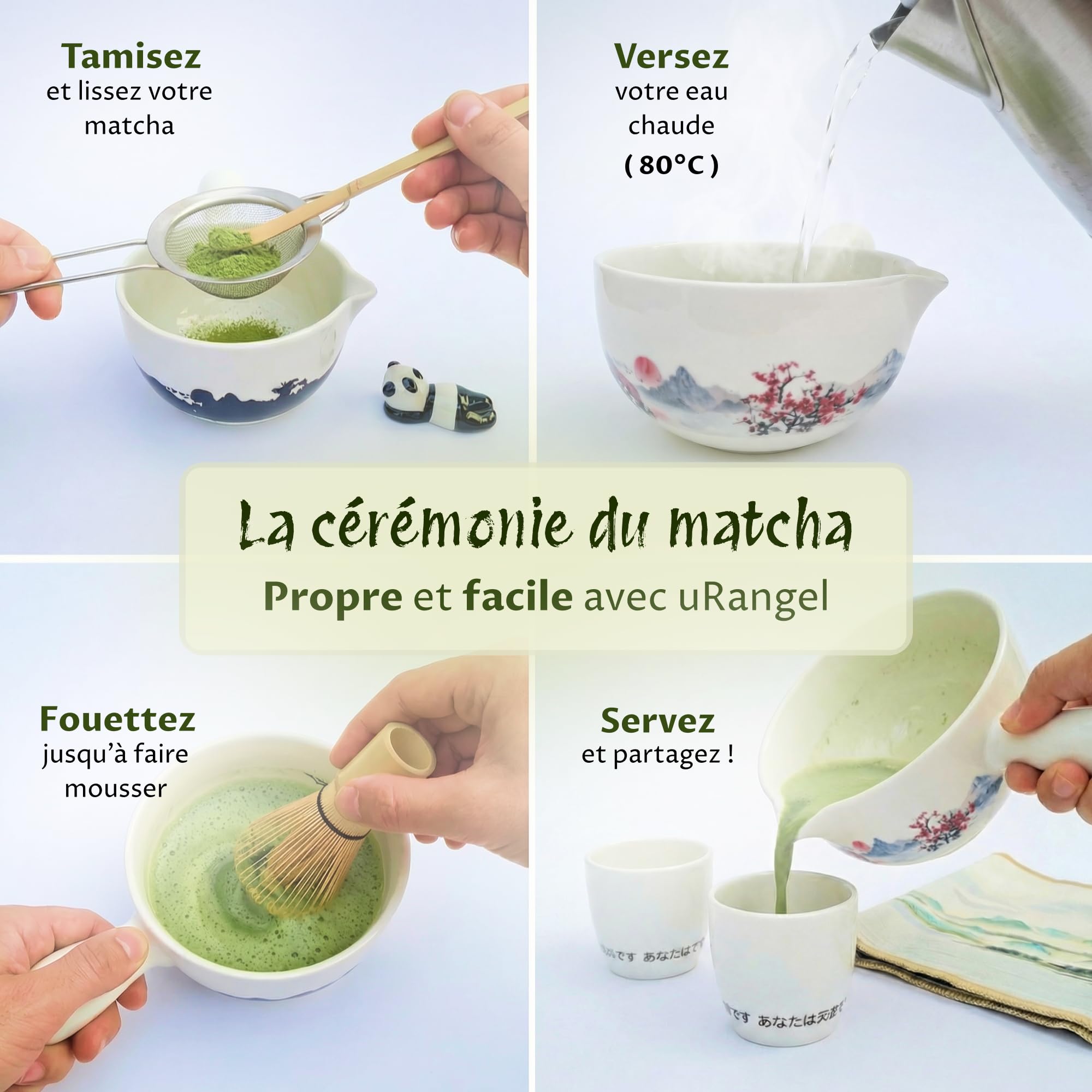 uRangel-Kit Matcha Complet 9PCS-Coffret Matcha avec Bol Matcha Chawan Sans Plomb-Fouet Matcha Chasen 100 Brins-Spatule Bambou-Accessoires Matcha-Cérémonie Matcha Japonaise-Idée Cadeau
