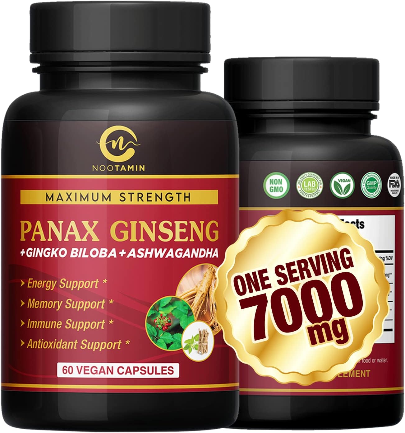 Authentic Korean Red Panax Ginseng 7000mg + Ginkgo Biloba + Ashwagandha