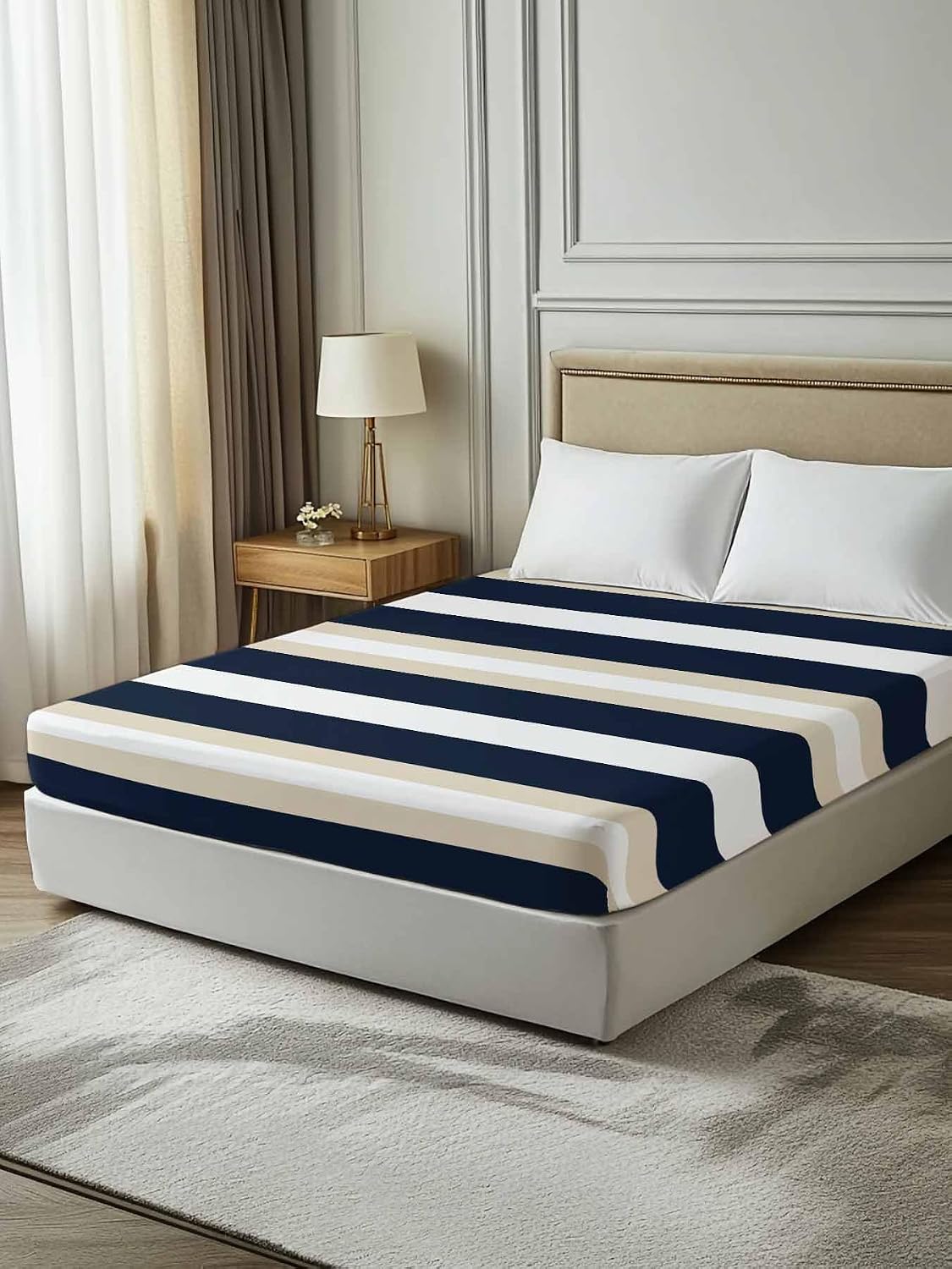 California King Flat Sheet, Khaki Navy Blue Striped Cal King Bed Sheets Only, Soft Microfiber Flat Sheet, Farmhouse Abstract Lines Art Hotel Quality Bedding Top Sheet Bedroom Home Dorm Decor