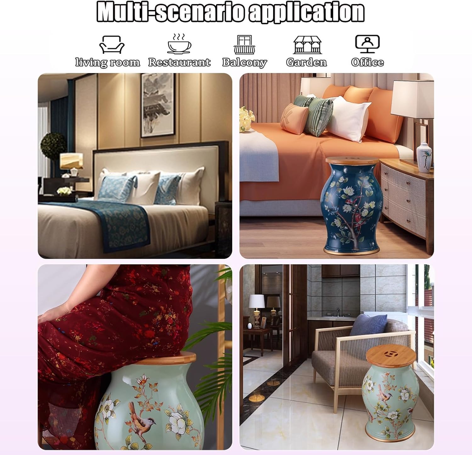 Decorative Ceramic Drum Garden Stool with Storage Modern Applique Process Chinese Drum Stool with Bamboo Board Entryway Shoe Changing Seat Small Side Table for Living Room.(Large)