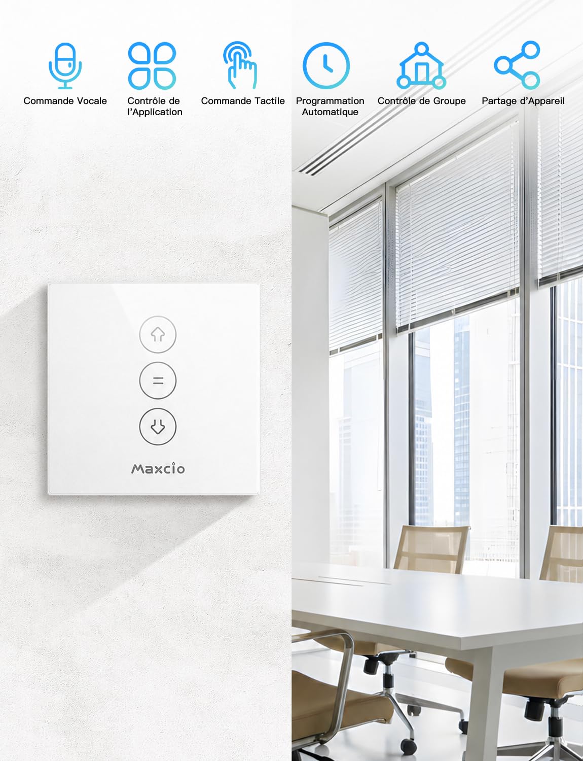 Maxcio Interrupteur Connecté WiFi Volet Roulant Tactile [Fil Neutre]-2 Pack | Interrupteur Intelligent Pour Rideau Avec Contrôle De Pourcentage Compatible Alexa, Google Home, Commande Vocale & Minuterie