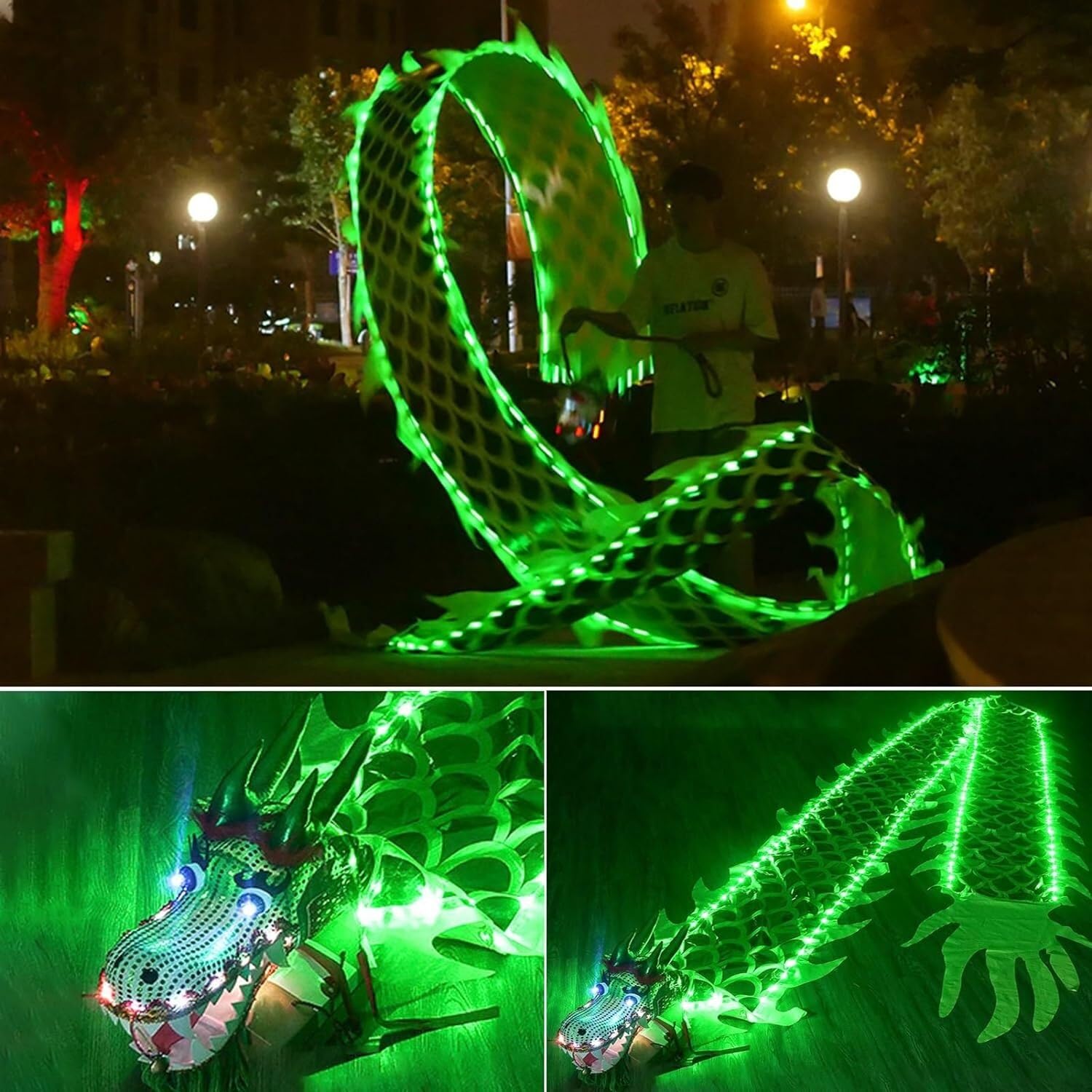 Dragon lumineux vert de 10m pour danse en plein air et fitness simplifié