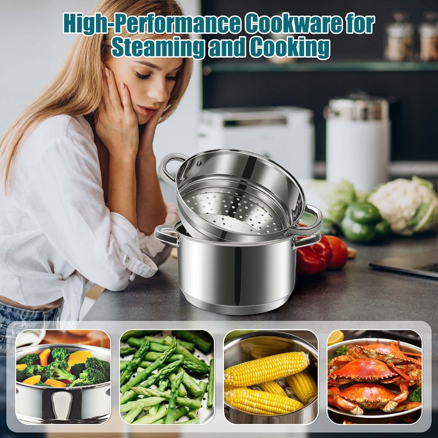 6 QT Stainless Steel Cookware Set, 3-Piece Multipurpose Stock Pot with Steamer Pot and Tempered Glass Lid, Stainless Steel Handle, Work with Gas Electric Induction Stove - Image 5