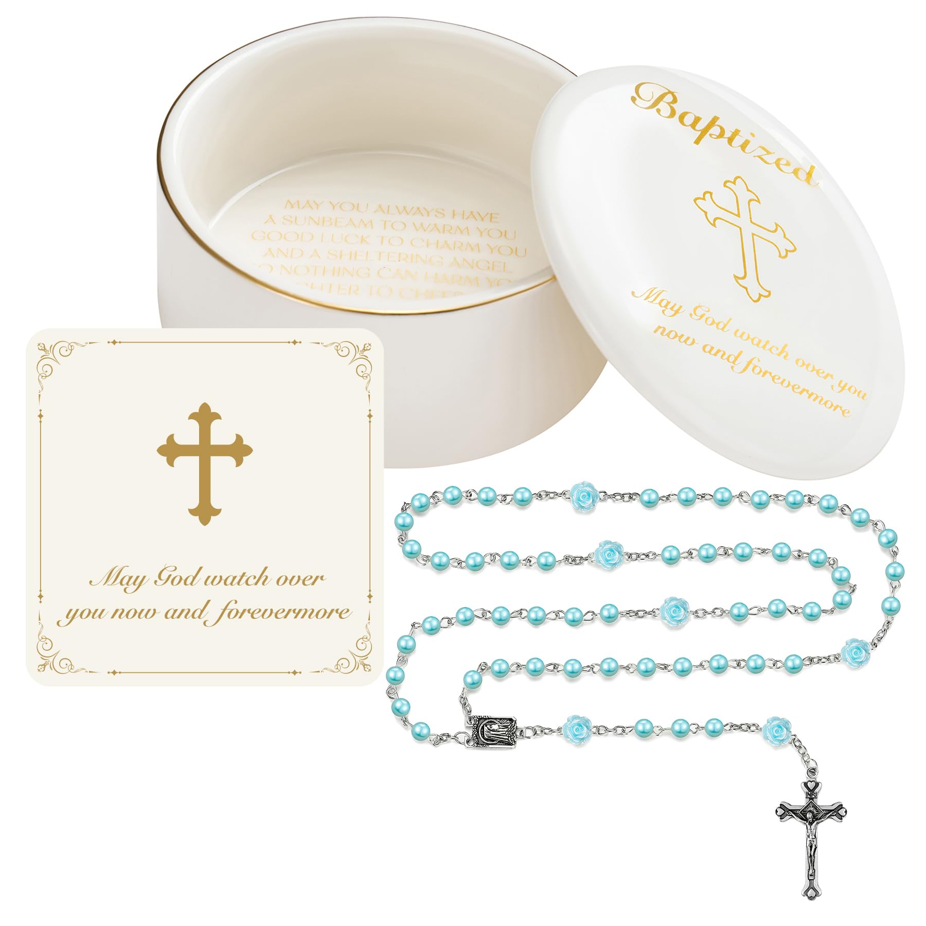 NORBU Baptism Gifts for Girl, My First Rosary with Ceramic Keepsake Box