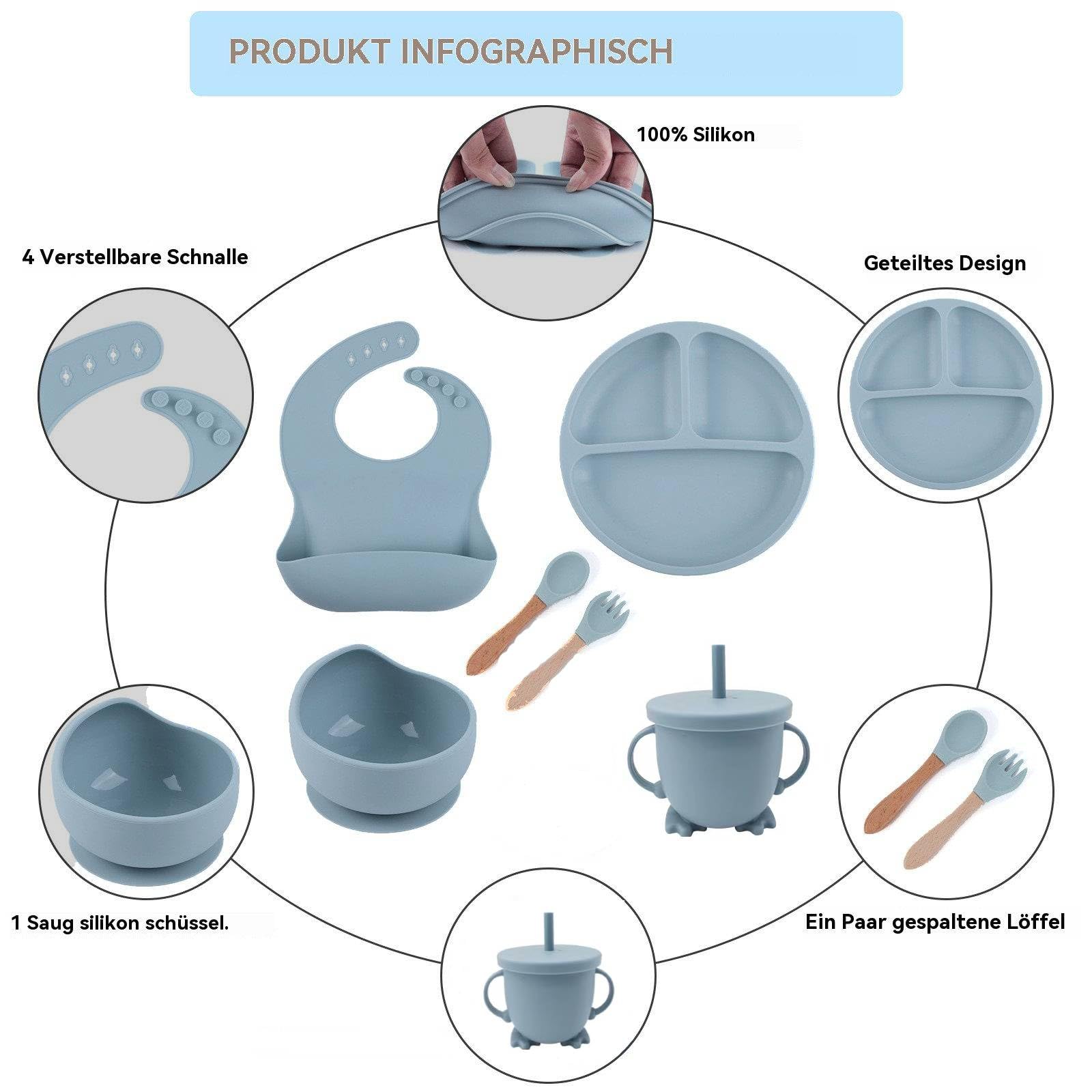 Eliano Set di stoviglie per bambini in silicone da 6 pezzi – piatto antiscivolo, ciotola, bicchiere con cannuccia, forchetta, cucchiaio, bavaglino – lavabile in lavastoviglie, senza BPA, adatto al