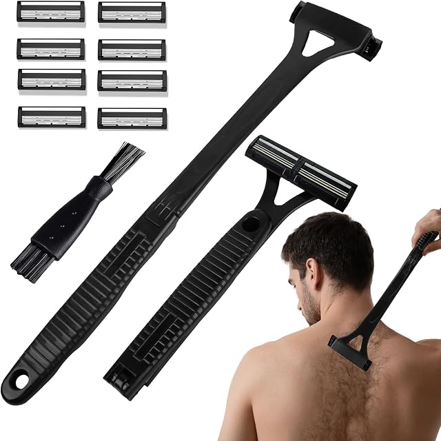 Back Shaver for Men with Foldable Long Handle, Back Hair Removal Razor with 8 Replaceable Safety Blades, Wet & Dry Body Hair Trimmer, Portable Stainless Steel Grooming Tool for Men