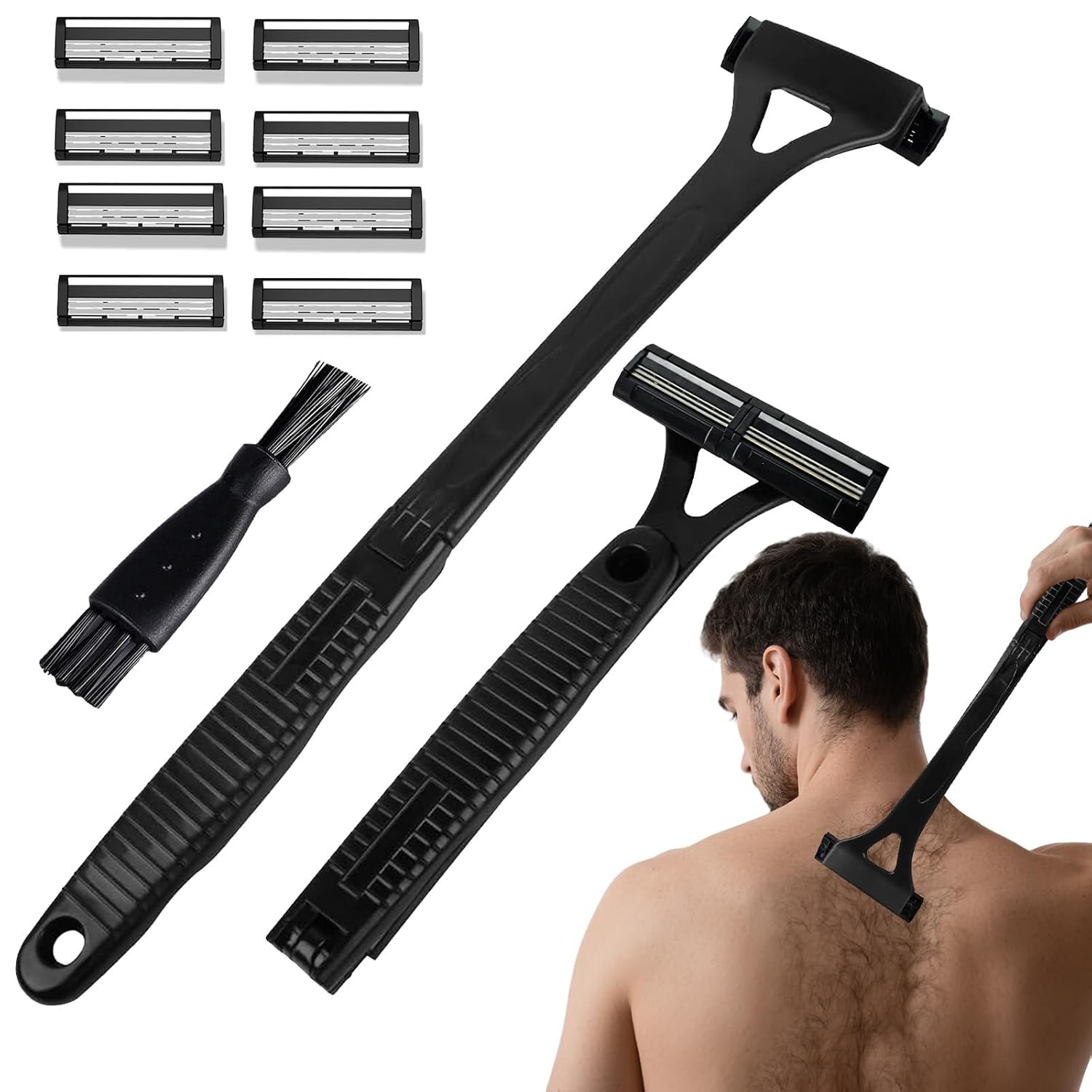 Back Shaver for Men with Foldable Long Handle, Back Hair Removal Razor with 8 Replaceable Safety Blades, Wet & Dry Body Hair Trimmer, Portable Stainless Steel Grooming Tool for Men