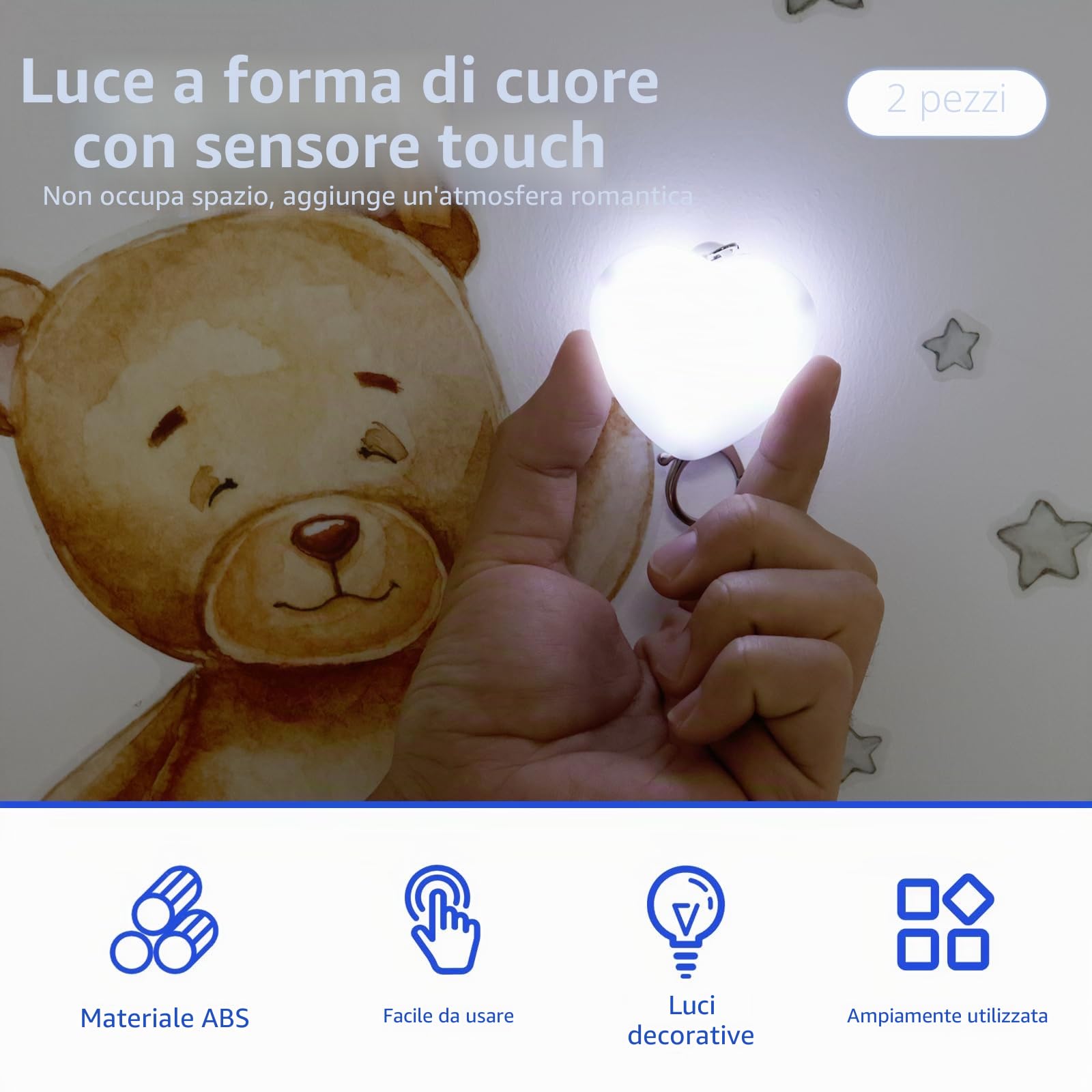 2 unità di torcia da tasca con sensore per borsa a mano USB 2 modalità Smart Touch portatile LED torcia da tasca regalo per famiglia, amici, fidanzata, madre (forma di cuore)