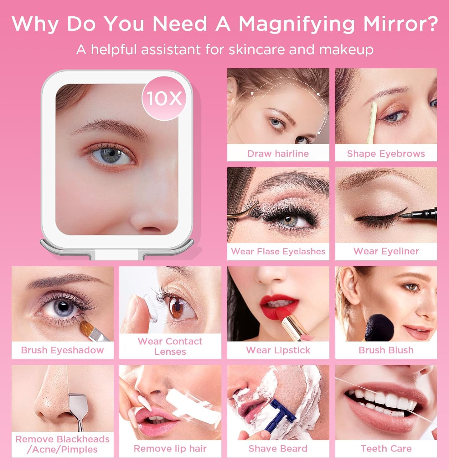 Travel Mirror with Lights, Magnifying Makeup Mirror 10X/1X Double Sided with 3 Color Lighting & Dimmable Touch Screen, Compact Handheld Cosmetic Vanity Mirror for Desktop Travel/Bathroom, Women Gifts - Image 2