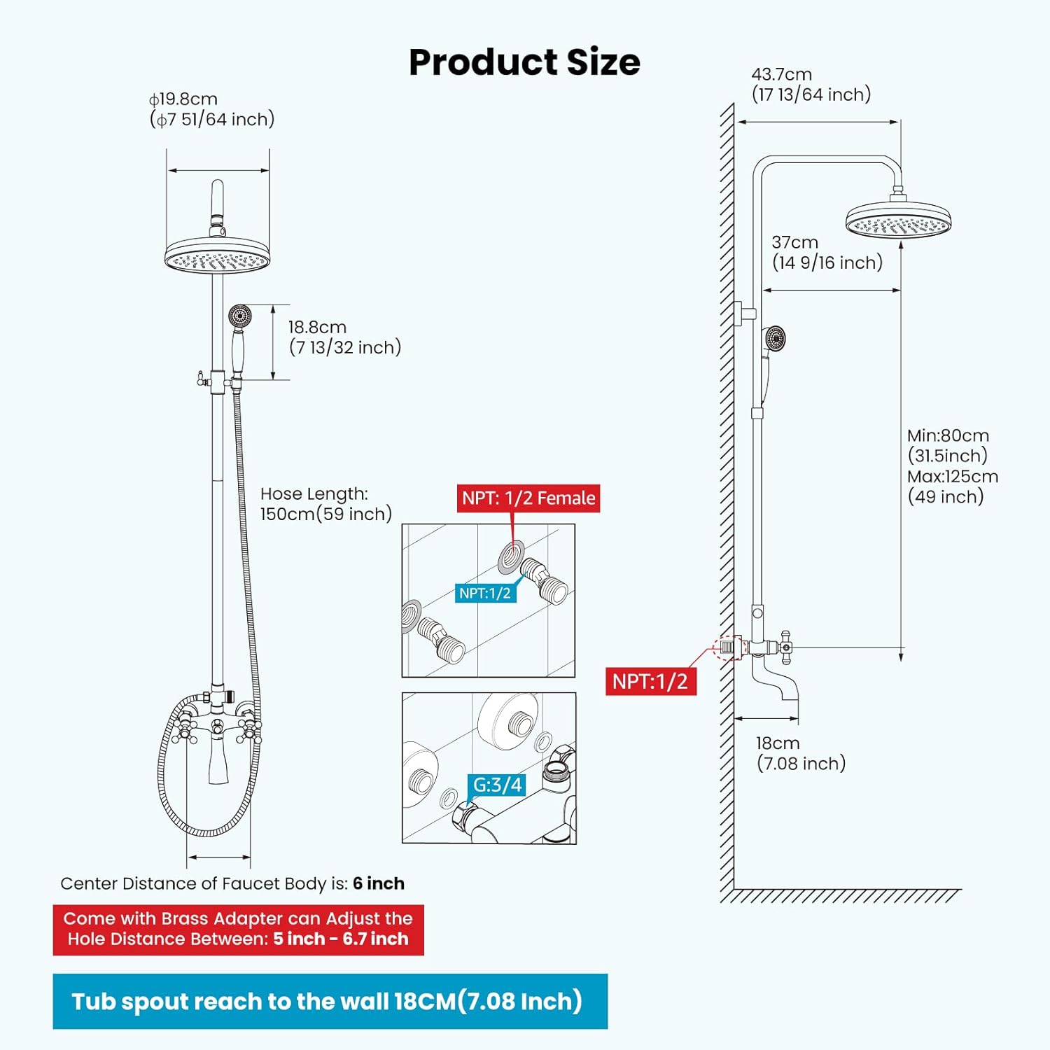 gotonovo Bathroom Shower Faucet Rain Mixer 8 Inch Round Shower Head Double Cross Handle with Tub Spout Wall Mount Bathroom Shower Fixtures 3 Function Metal Handheld Sprayer Matte Black