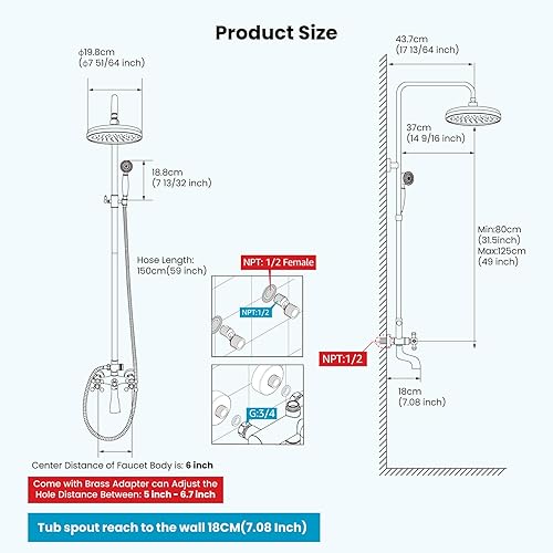 Miniatura 7 de gotonovo Grifo de ducha de baño, mezclador de lluvia, cabezal de ducha redondo de 8 pulgadas, mango cruzado doble con boquilla de bañera, montaje en