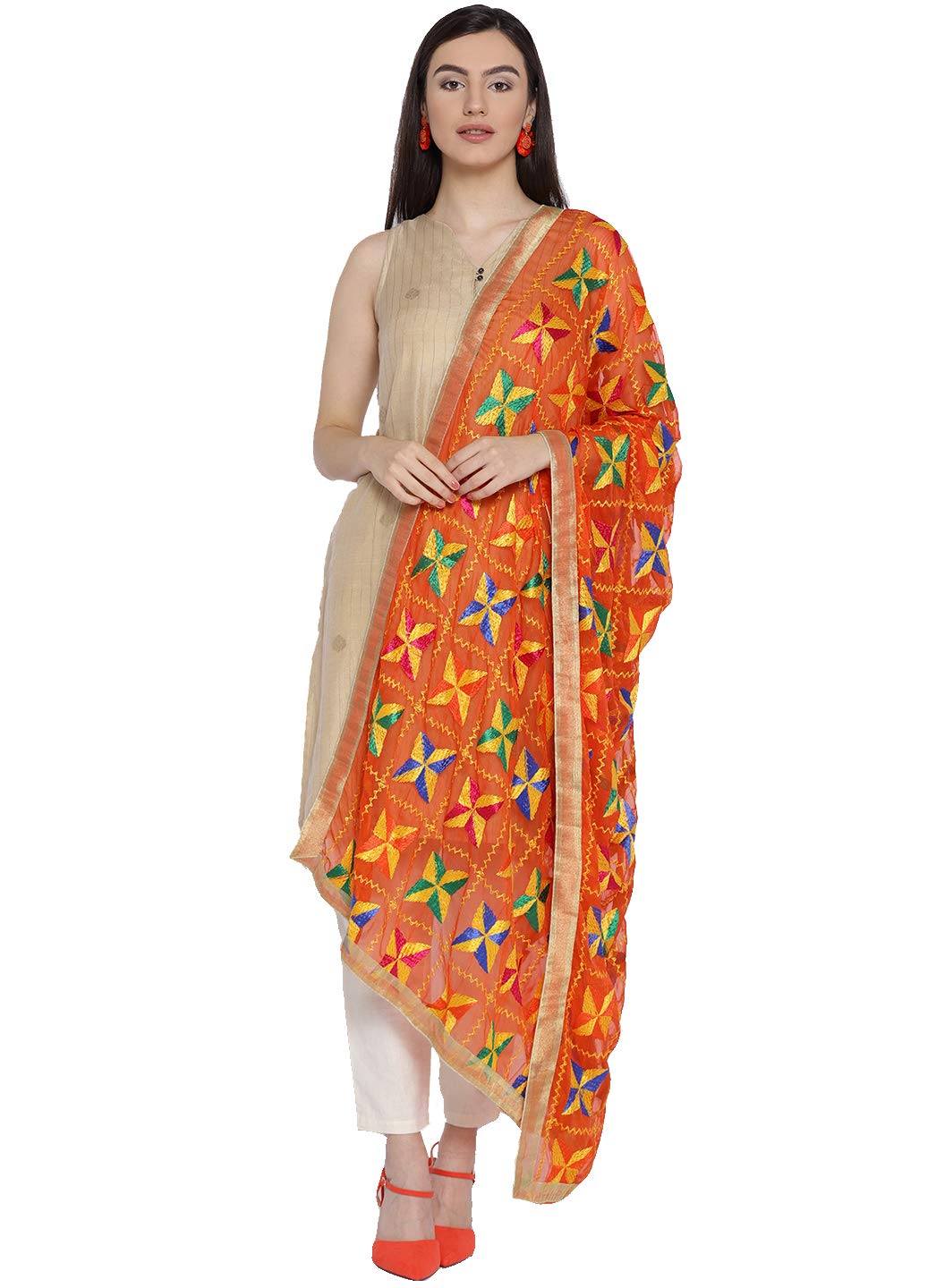 Weavers Villa Punjabi Hand Embroidery Phulkari Faux Chiffon Orange Dupatta, Stoles, 2.25 Mtrs