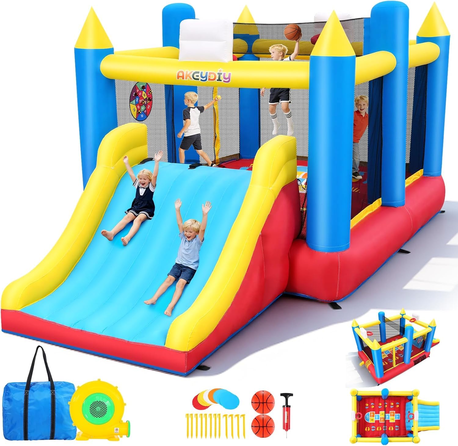 AKEYDIY Hüpfburg für Kinder von 3-12 Jahren, 4,6 x 2,5 x 2,1 m, mit großer Hüpffläche, extra breiter Rutsche, 2 Basketballkörben, abnehmbarem Volleyballnetz (Große Rutschen-Upgrade)