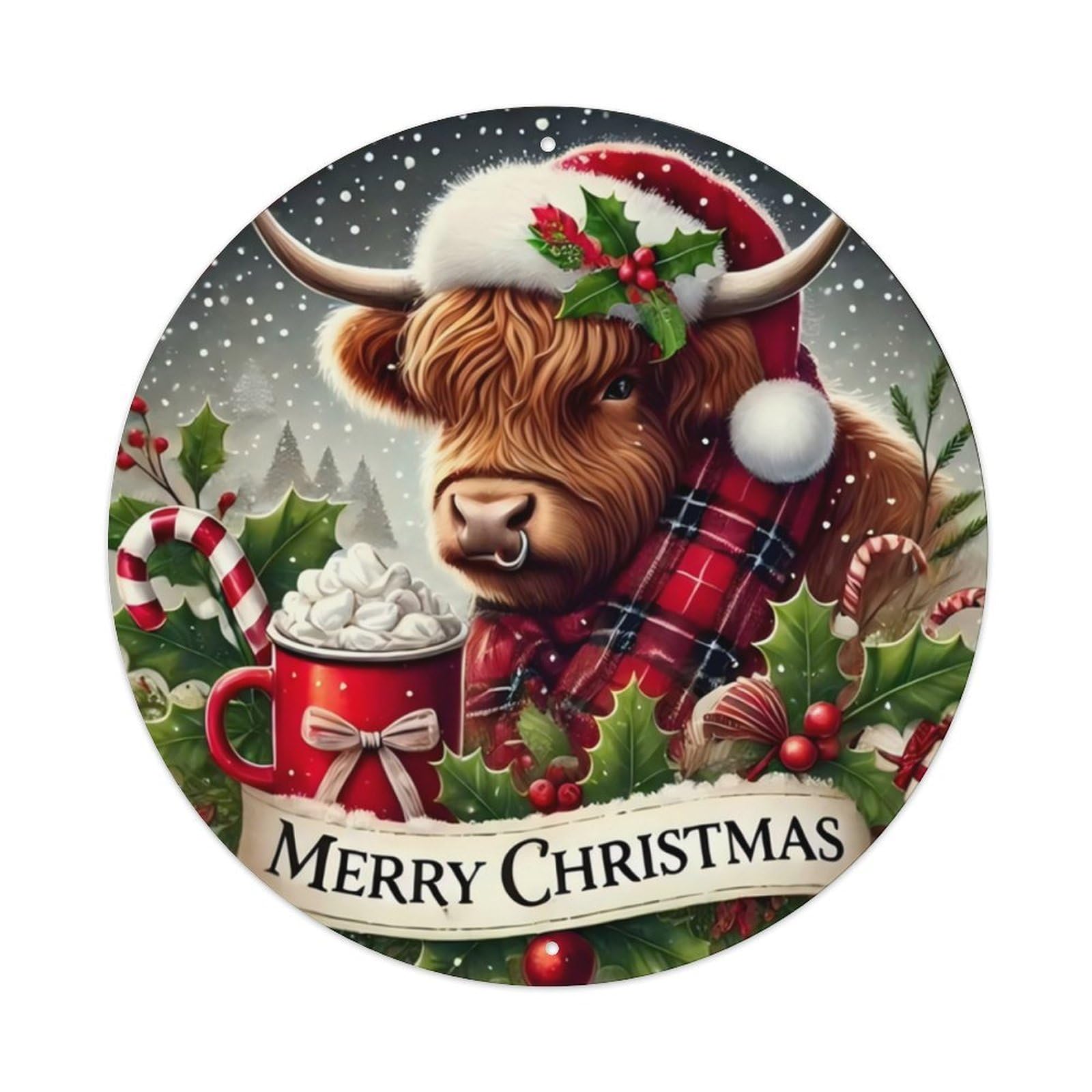 Ldfuieksufg Style Round Christmas Highland Cow Holiday Wall Sign Farm Winter Decor Vintage Aluminium Metal Sign, Retro Wall Decor For Home, Bar, Garage & Farmhouse 20X20cm