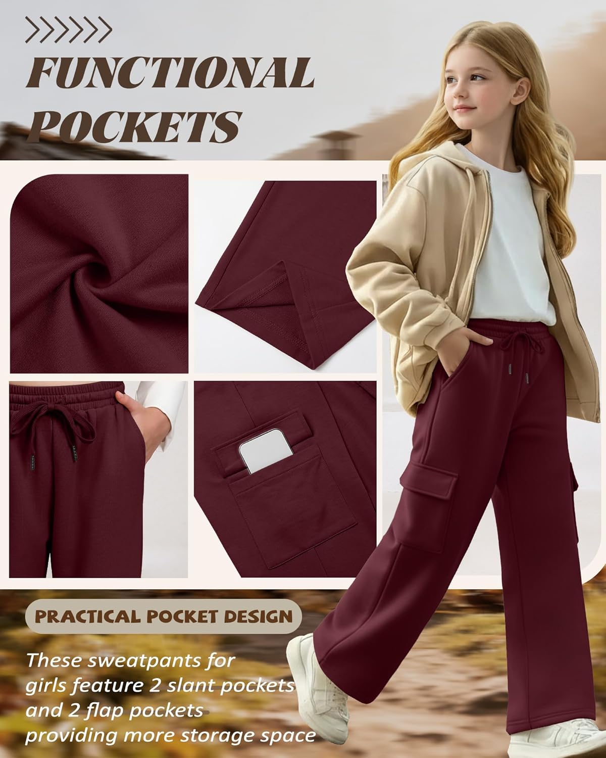 3 Pack Girls Wide Leg Sweatpants Kids Cargo Baggy Pants Drawstring Casual Athletic Joggers for Teens 5-14 Years - Image 4