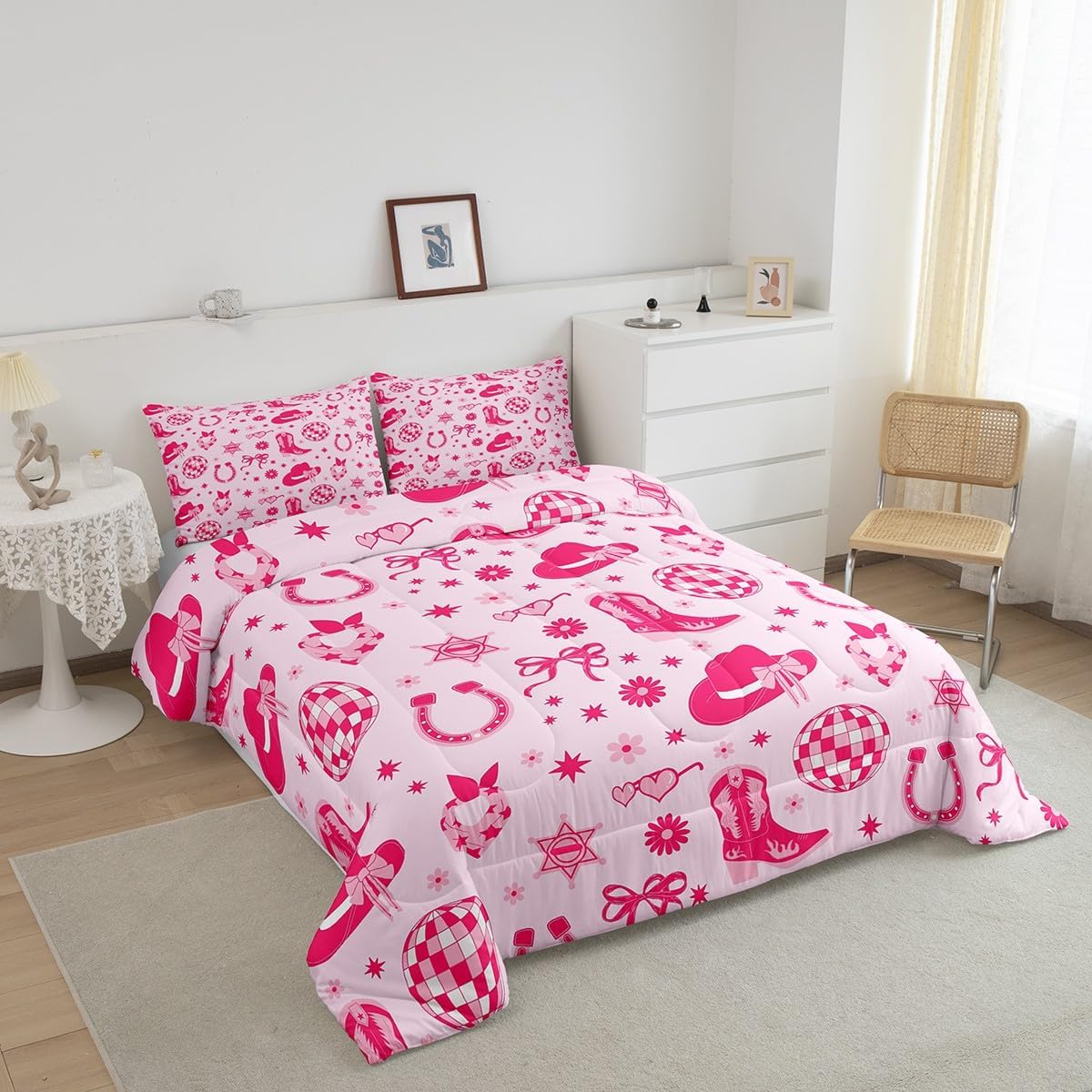 Erosebridal Kids Western Bow Bedding Set, Cute Bowknot Comforter Set Toddler Size for Girls Boys Teens Adult Women, Western Boots Duvet Insert Pink Dreamy Princess Quilt, Pink, Machine Washable