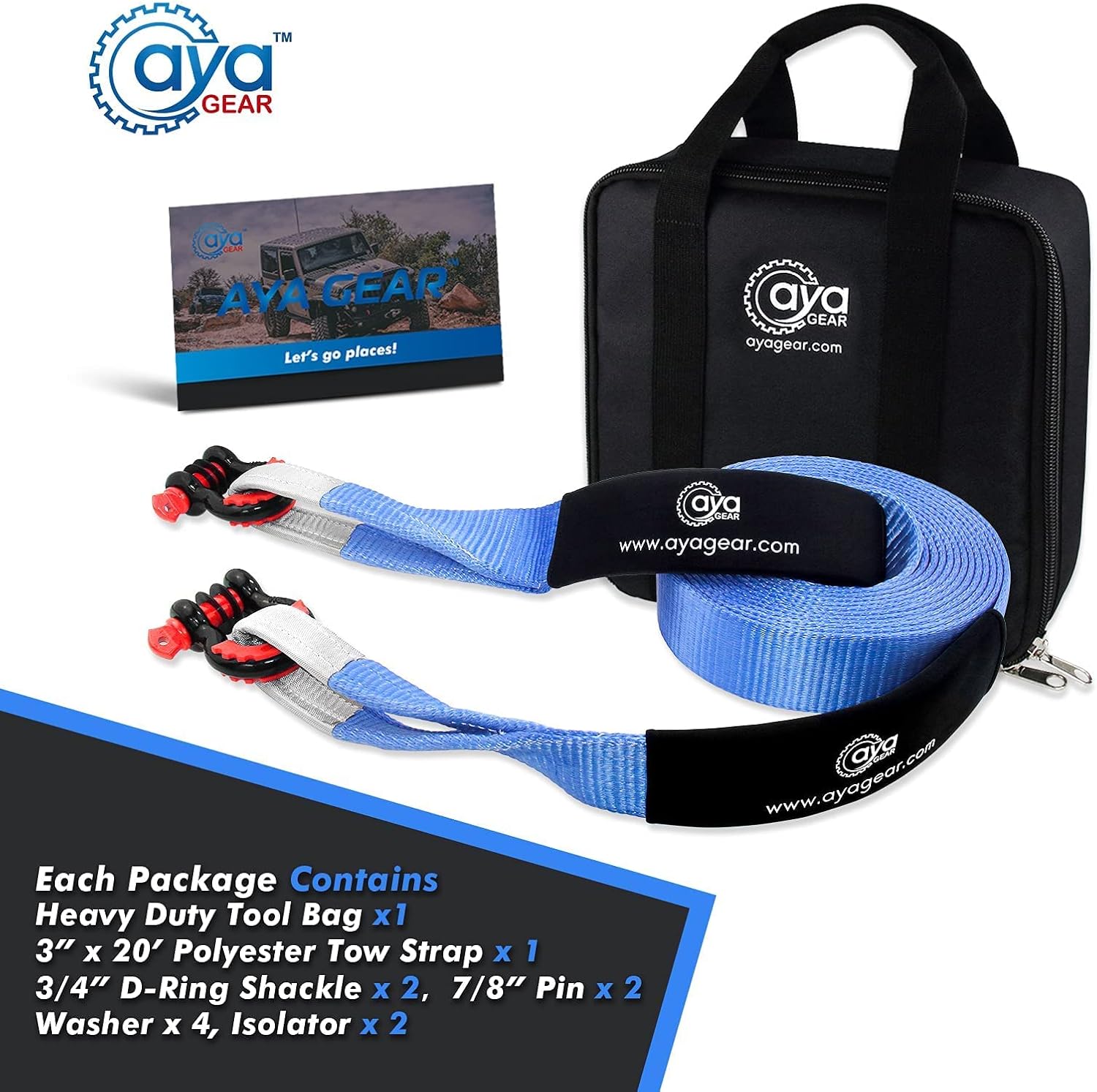 Off Road Recovery Silver Kit| 3" x 20ft Heavy Duty 30,000 lbs Tow Snatch Rope + 3/4 D Ring Shackles (2pcs)| Recovery Gear Combos 4x4 Winch Accessory Kit (3" x 20' Strap with Two Shackles)