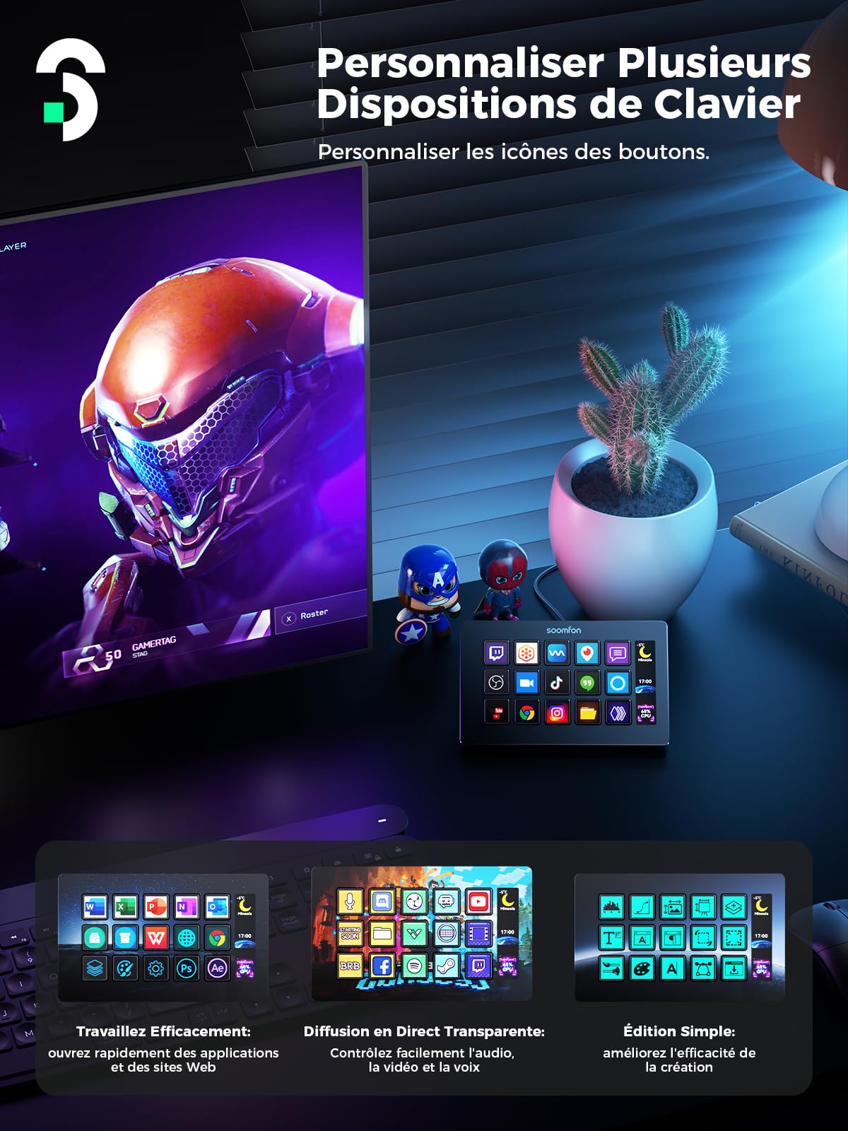 SOOMFON Stream Controller, Production Console Deck 15 Touches Macro, Stream Control Deck Déclencher des Actions dans OBS, Twitch, YouTube, Streamlab et autres, Stream Contrôleur Deck Compatible PC/MAC