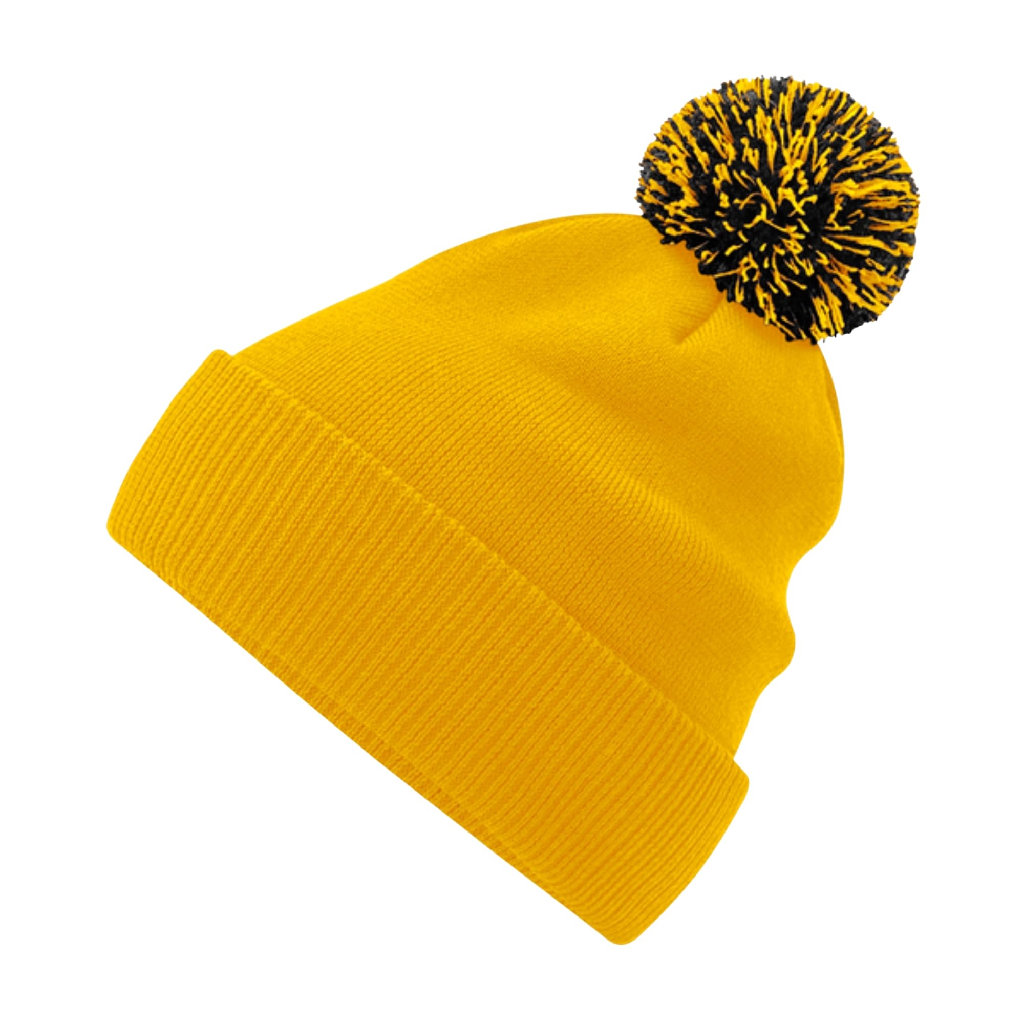 Aremie Unisex Gold / Black Snowstar Beanie Hats Mens Womens Two Tone Bobble Pom Winter Headwear - Yellow