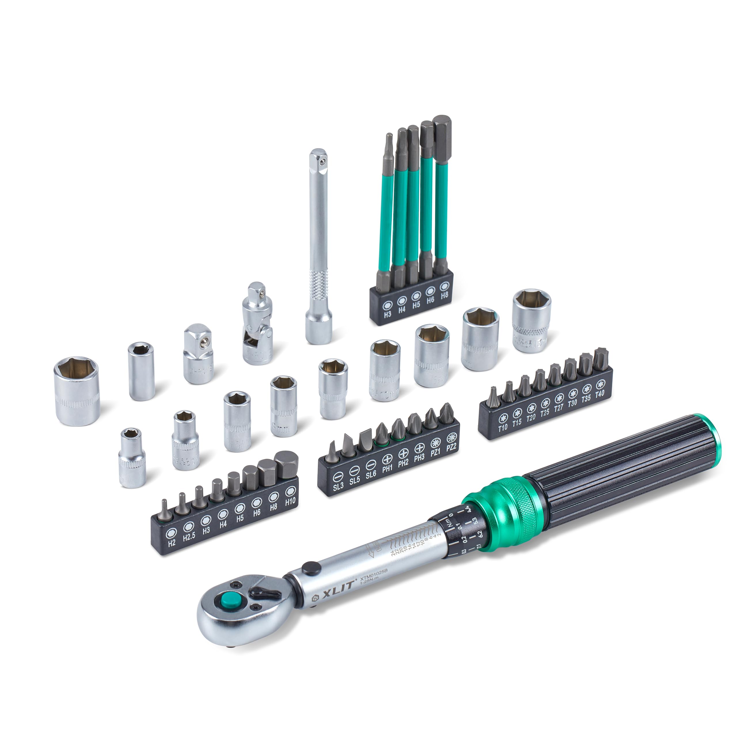Zestaw kluczy dynamometrycznych 1/10.2 cm, 45-częściowy, 1-25 Nm, dokładność ± 3%, precyzyjna głowica 72-zębowa, zestaw napędów wielobitowych, gniazda - przenośny zestaw narzędzi do naprawy