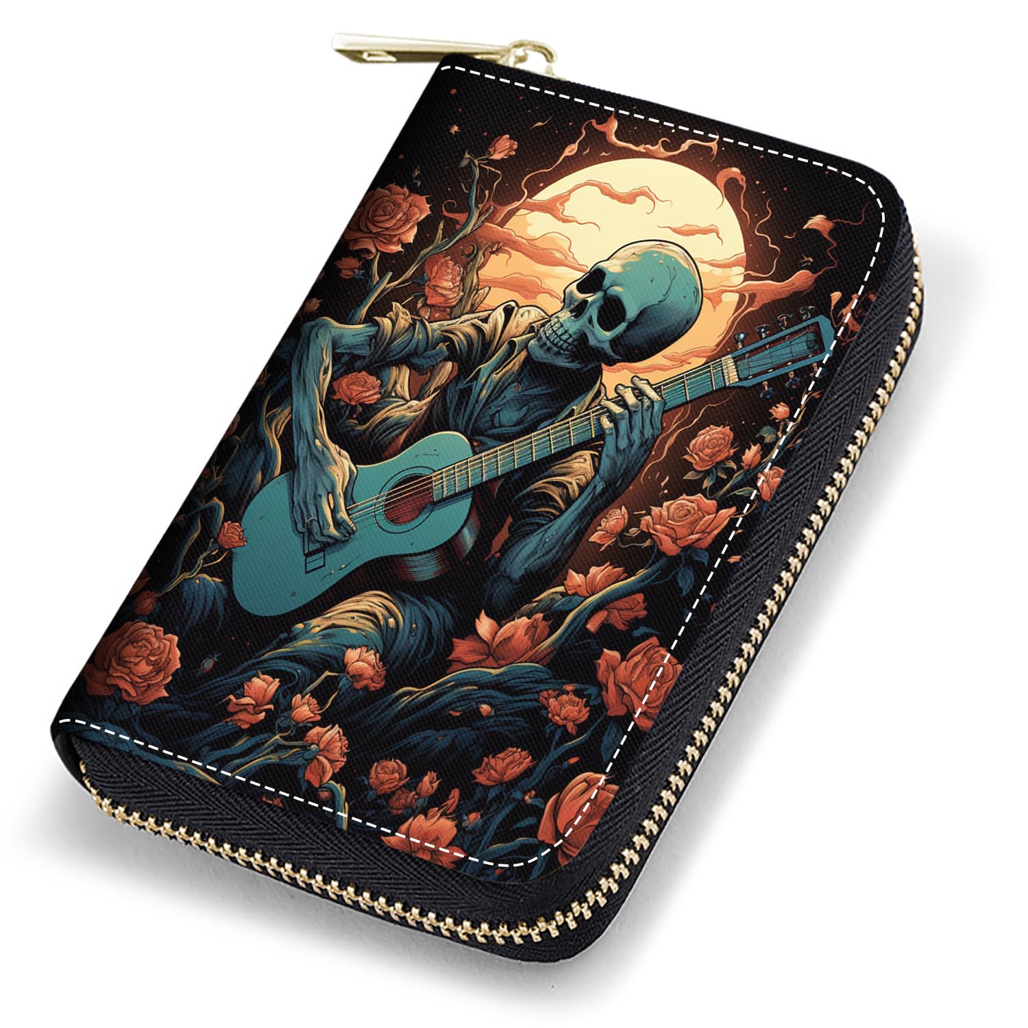 stmedazm Credit Card Holder Wallets for Women, RFID Blocking Small Leather Card Case Wallet with Zipper Accordion Wallets, Skull Playing Guitar