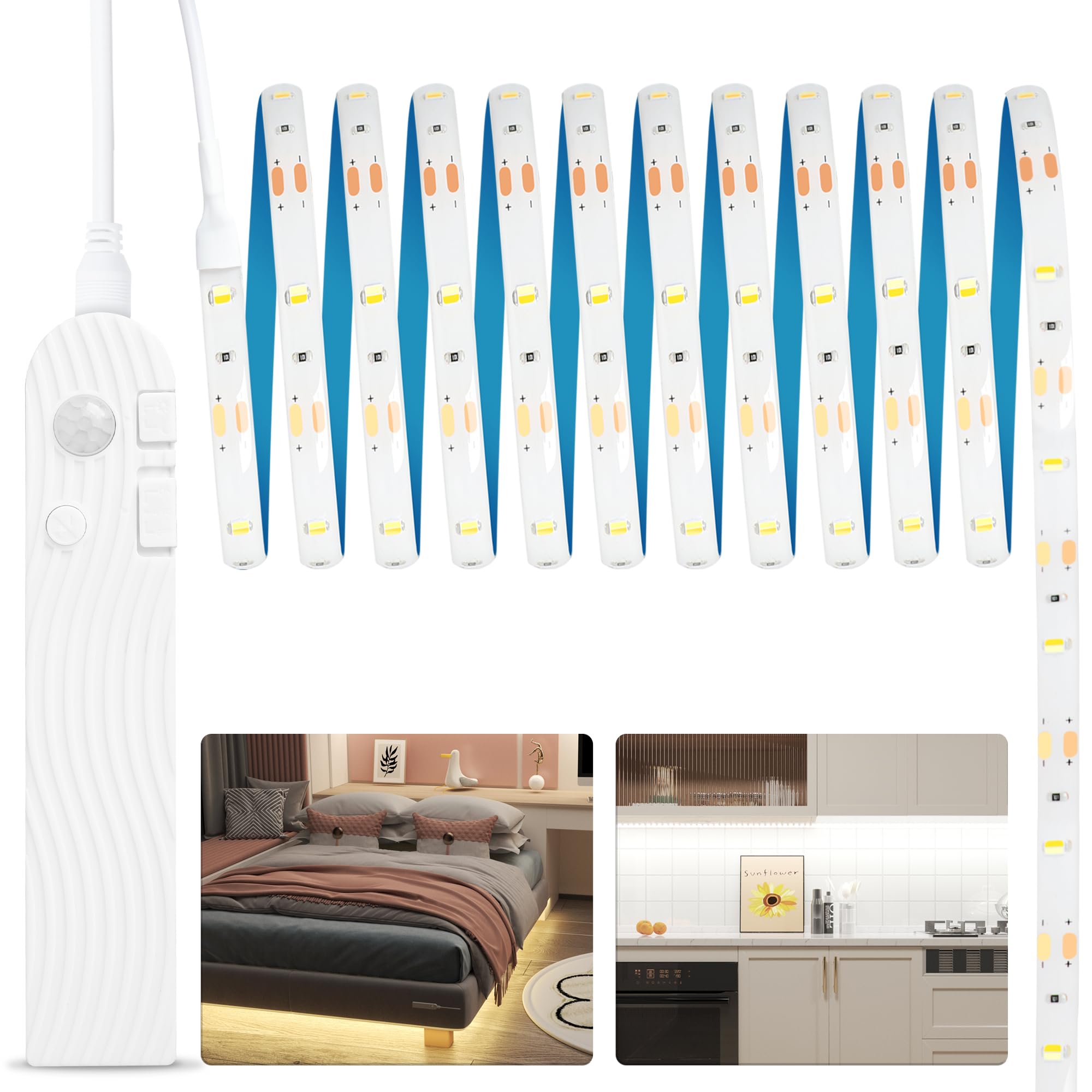 SOAIY 3M LED Strip, Rechargeable LED Strip Light 2200 mAh USB, Dimmable LED Strip with Motion Detector, Amario Low Light 3 Colors, Multifunctional Light Strip for Kitchen Cabinet Room Bed