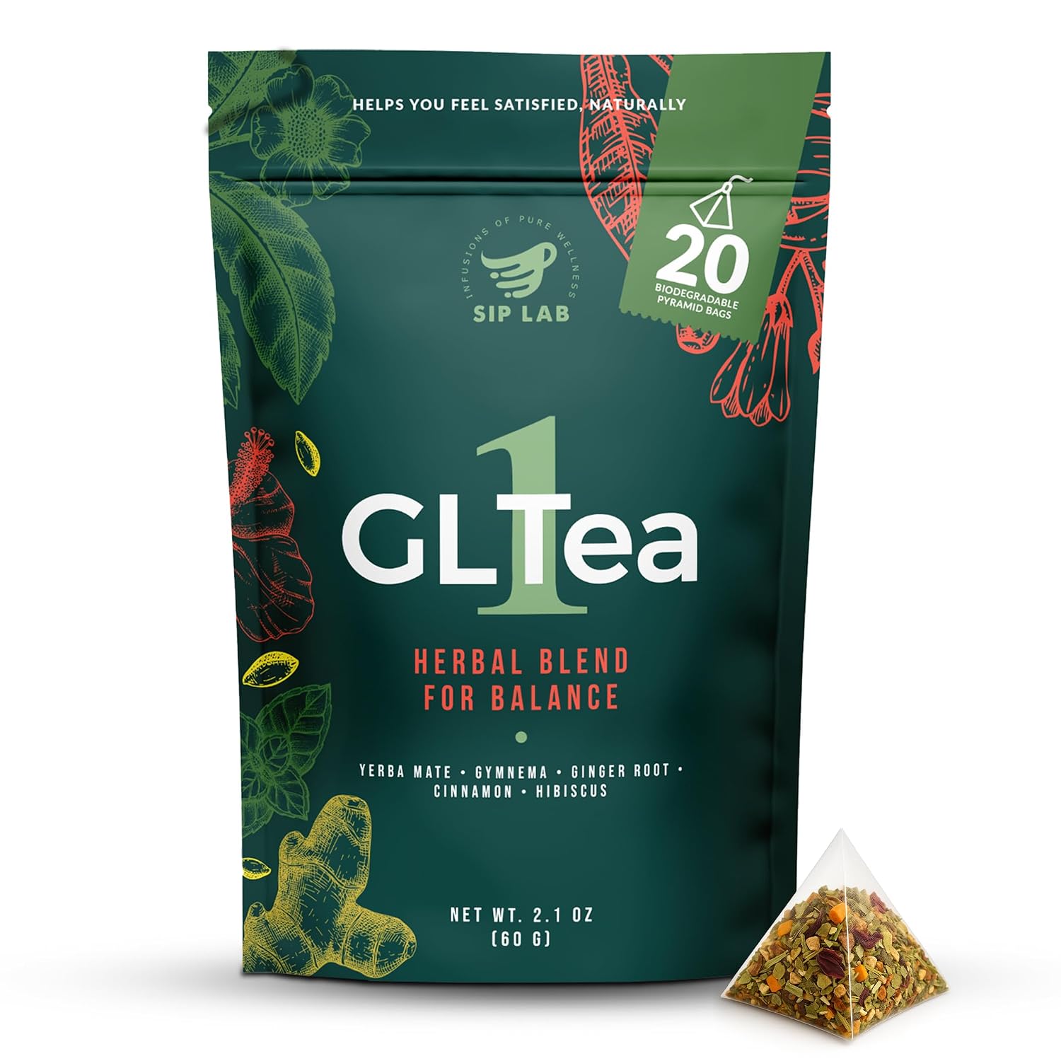 Sip Lab GLTea-1 Yerba Mate Tea Bags | 8 Botanical Blend with Gymnema, Ginger, Cinnamon, Hibiscus | Natural Energy, No Coffee Crash | Premium Pyramid Sachets, Non-GMO, Biodegradable (20 Count)