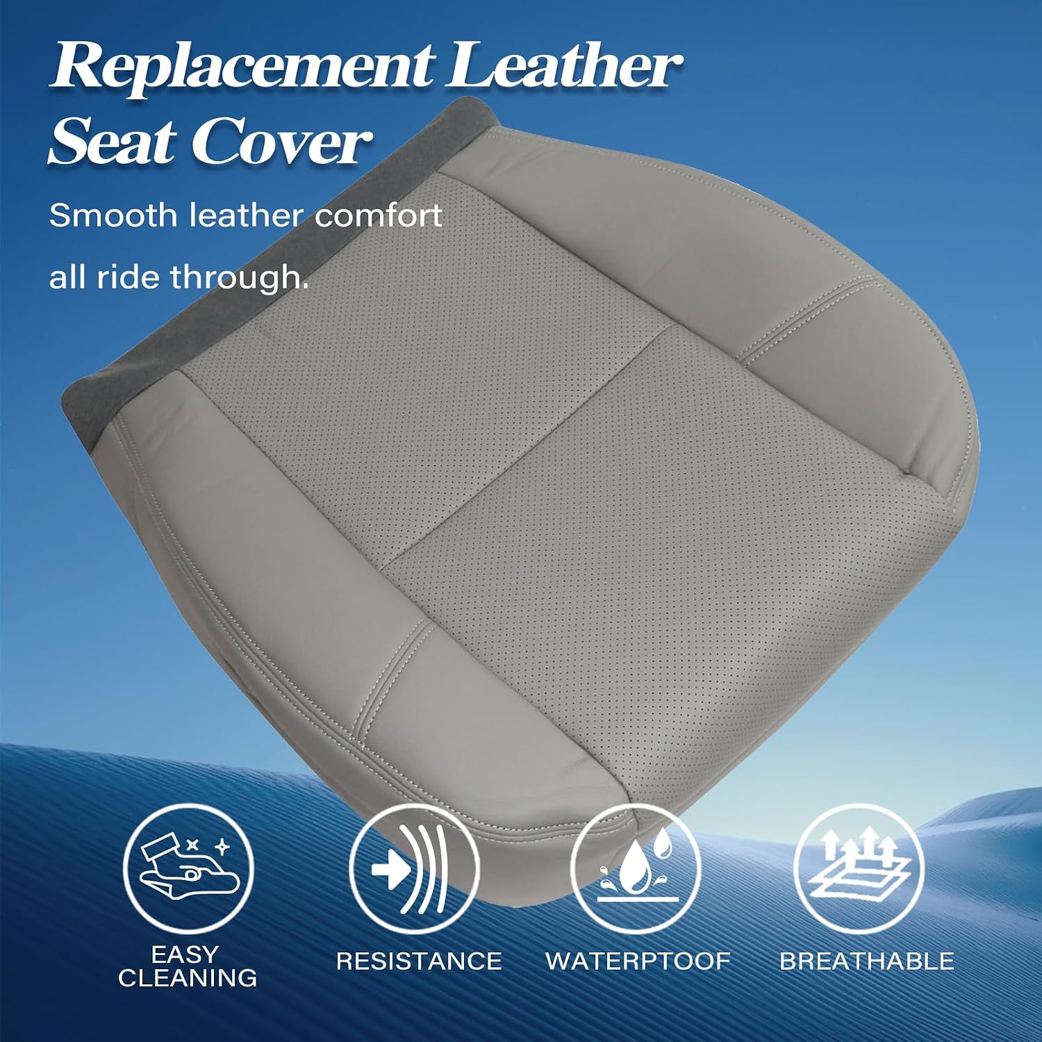 GXARTS Driver or Passenger Side Bottom Replacement Perforated Leather Seat Cover #836 833 Light Titanium Gray Compatible with Chevy Suburban Tahoe GMC Sierra Yukon 2009 2010 2011 2012 2013 2014