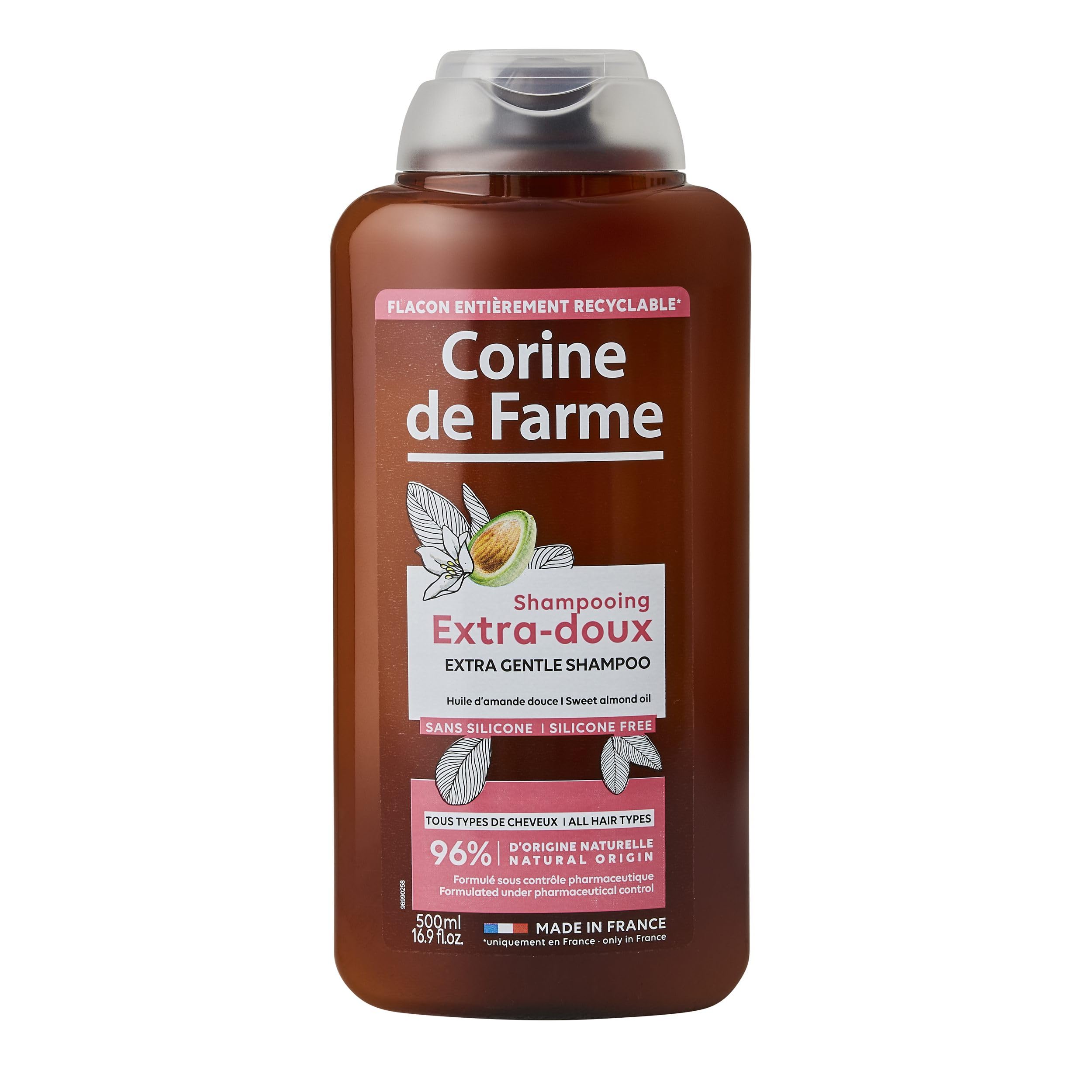 Corine de Farme - Shampooing Extra-Doux à l’Huile d’Amande Douce - Nettoie et Fortifie les Cheveux - Formulation Clean Beauty, Sans Paraben - 500 ml