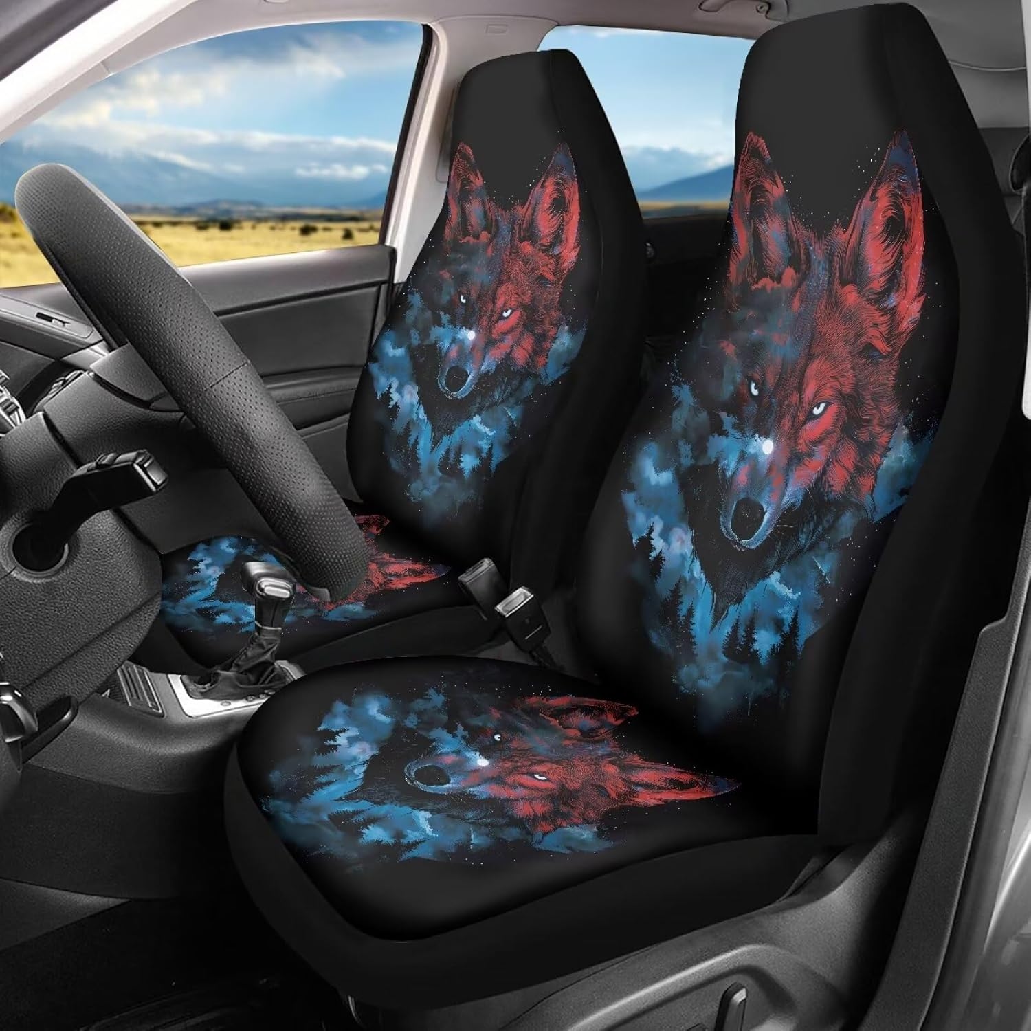 Cool Wolf Print Car Seat Covers Set for Mens Soft Elastic Car Front Only Seat Cover Cushion Universal Fit for Most Cars Trucks SUVs Interior Auto Decor