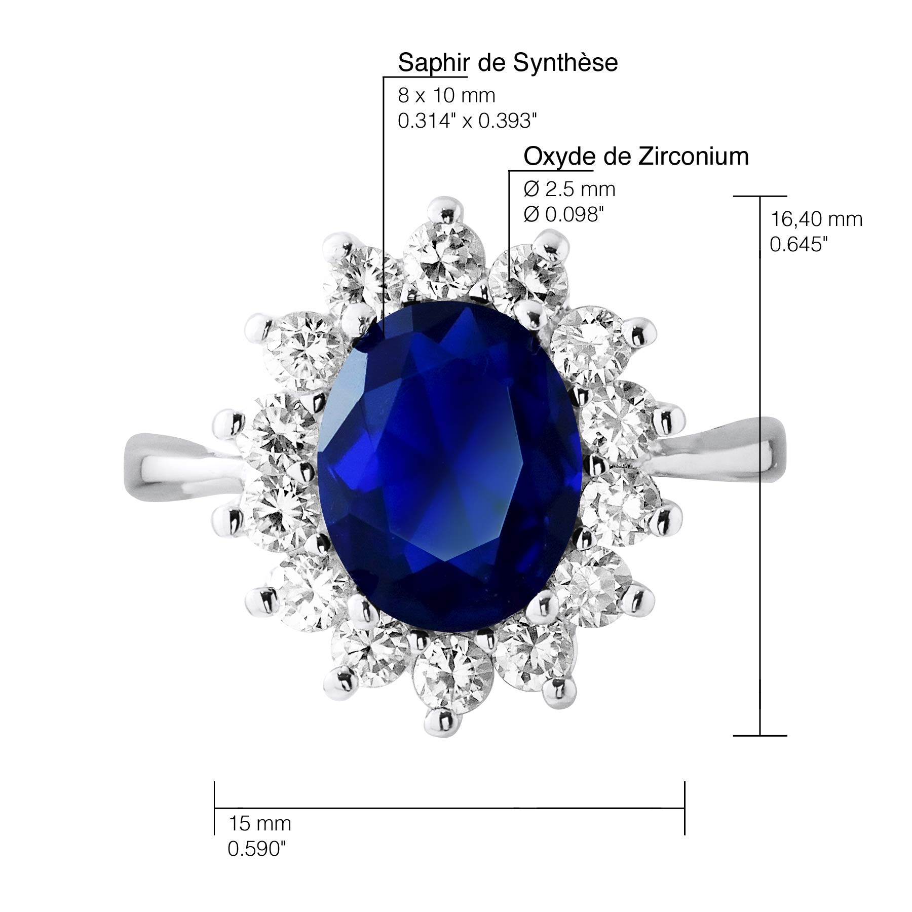 Essens - Bague SAPHIR Princess Diana - Collection SO CLASSIC Taille Ajustable - Saphir de Synthèse, Oxydes de Zirconium et Argent 925 - Bijou Femme