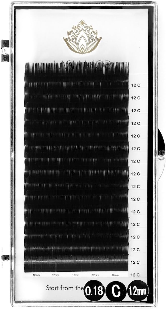 Eyelash Extensions by LASH MOB - C Curl - 0.18 Diameter - Mixed and Single Lengths for Professionals (12mm)