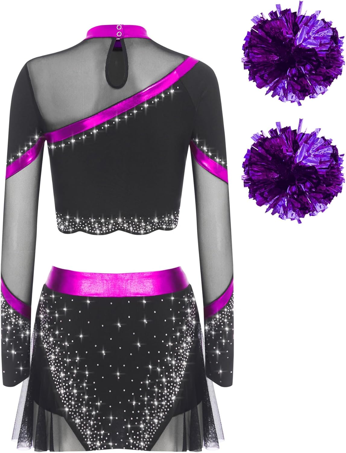 Mufeng 4Pcs Women Cheerleading Set Long Sleeve Sequins Crop Top Dance Skirt + Hand Flowers