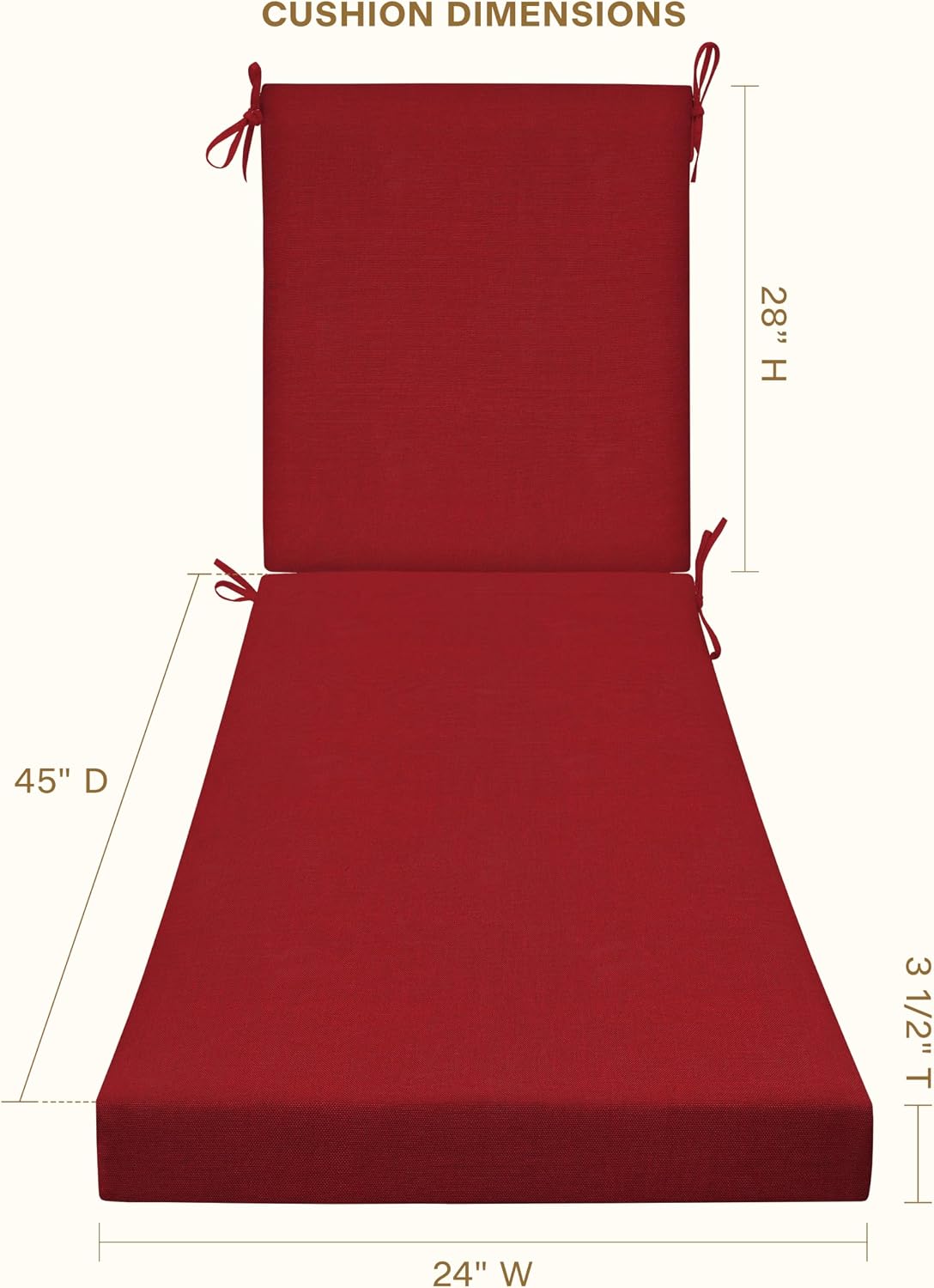 Honeycomb Outdoor Chaise Lounge Cushion for Patio Furniture, Water & Fade Resistant, Removable Cover, 24 x 73, Heritage Textured Solid Imperial Red