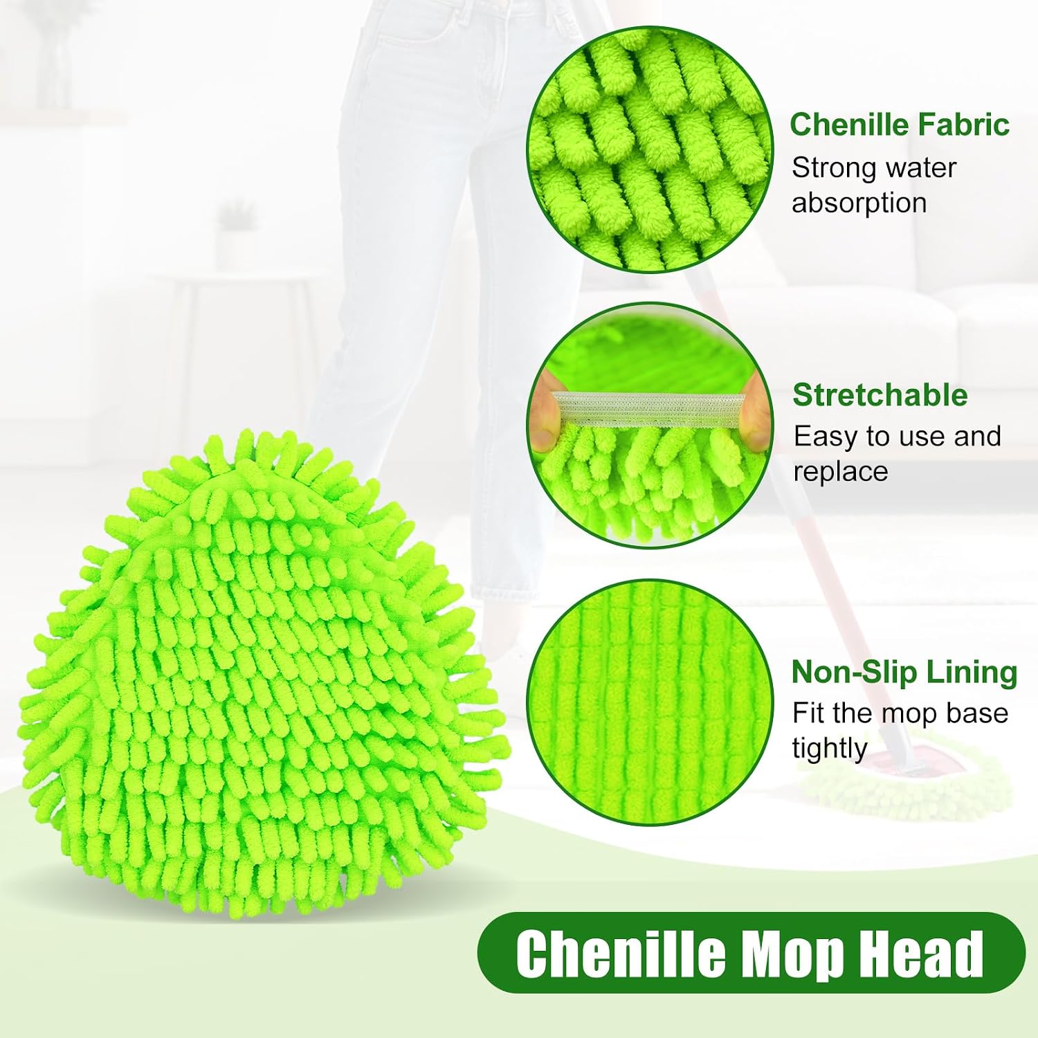 Mop Replace Head Compatible with O-Cedar EasyWring 1-Tank, 3 Pack Microfiber Chenille Duster Replacement Heads with 1 Upgrade Scrub Brush&1 Mop Base, Reusable Dust Mop Refills for Floors