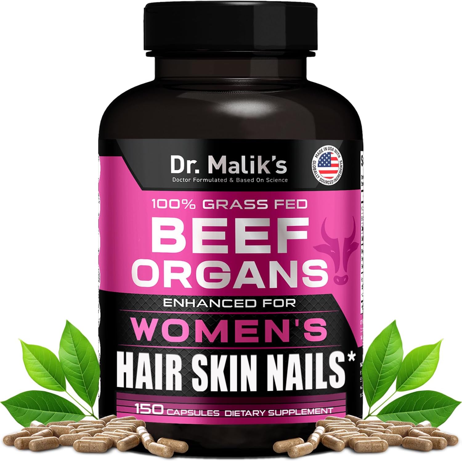 Primal Beef Organ Supplement for Women + 8 Hair Growth Vitamins, Queen Blend for Hair Skin and Nails, Biotin (10,000mcg), Collagen Peptides, Beef Liver MD Formulated, 4 Beef Organs for Women 150 Caps